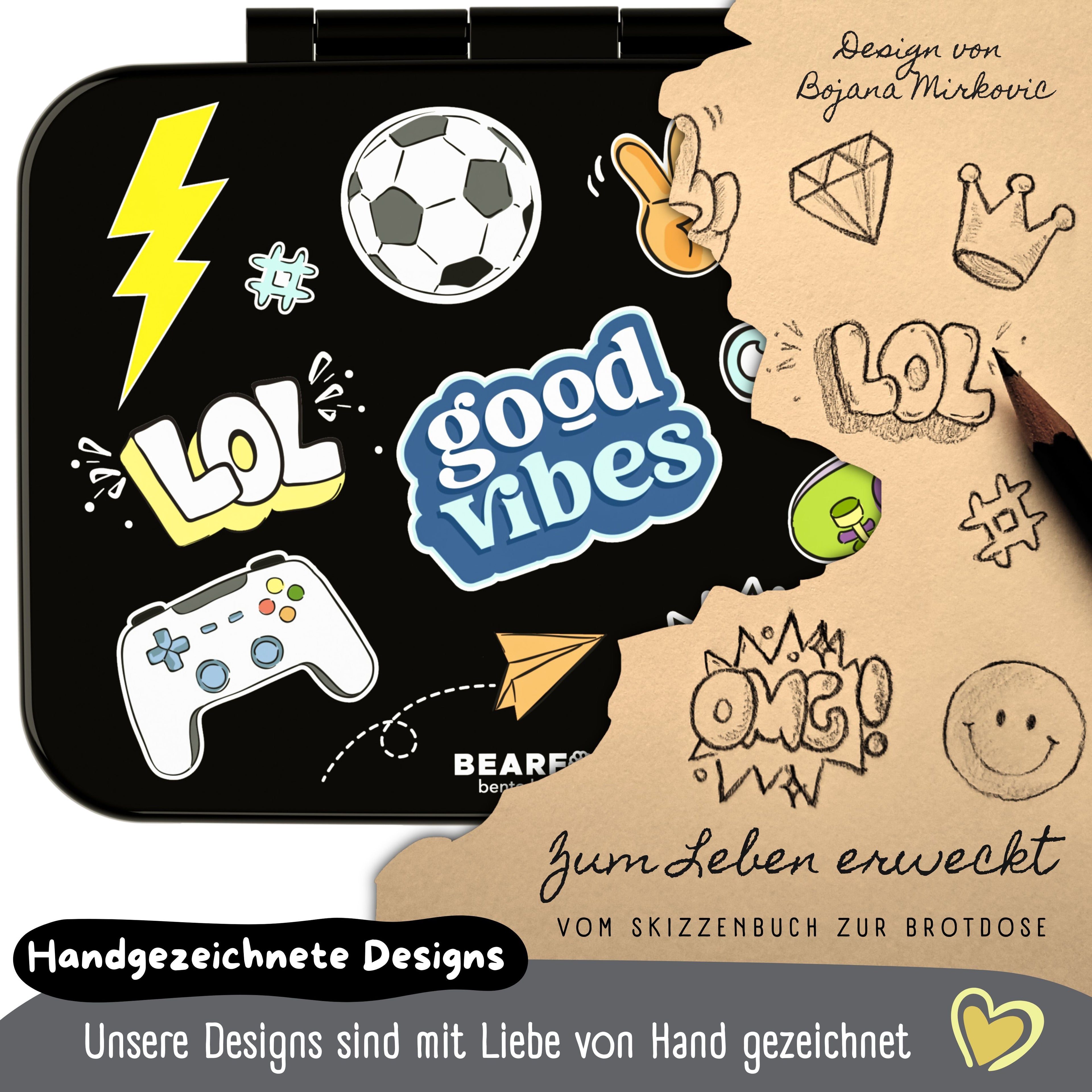 Brotdose mit Fächern, leicht & auslaufsicher - Sticker schwarz
