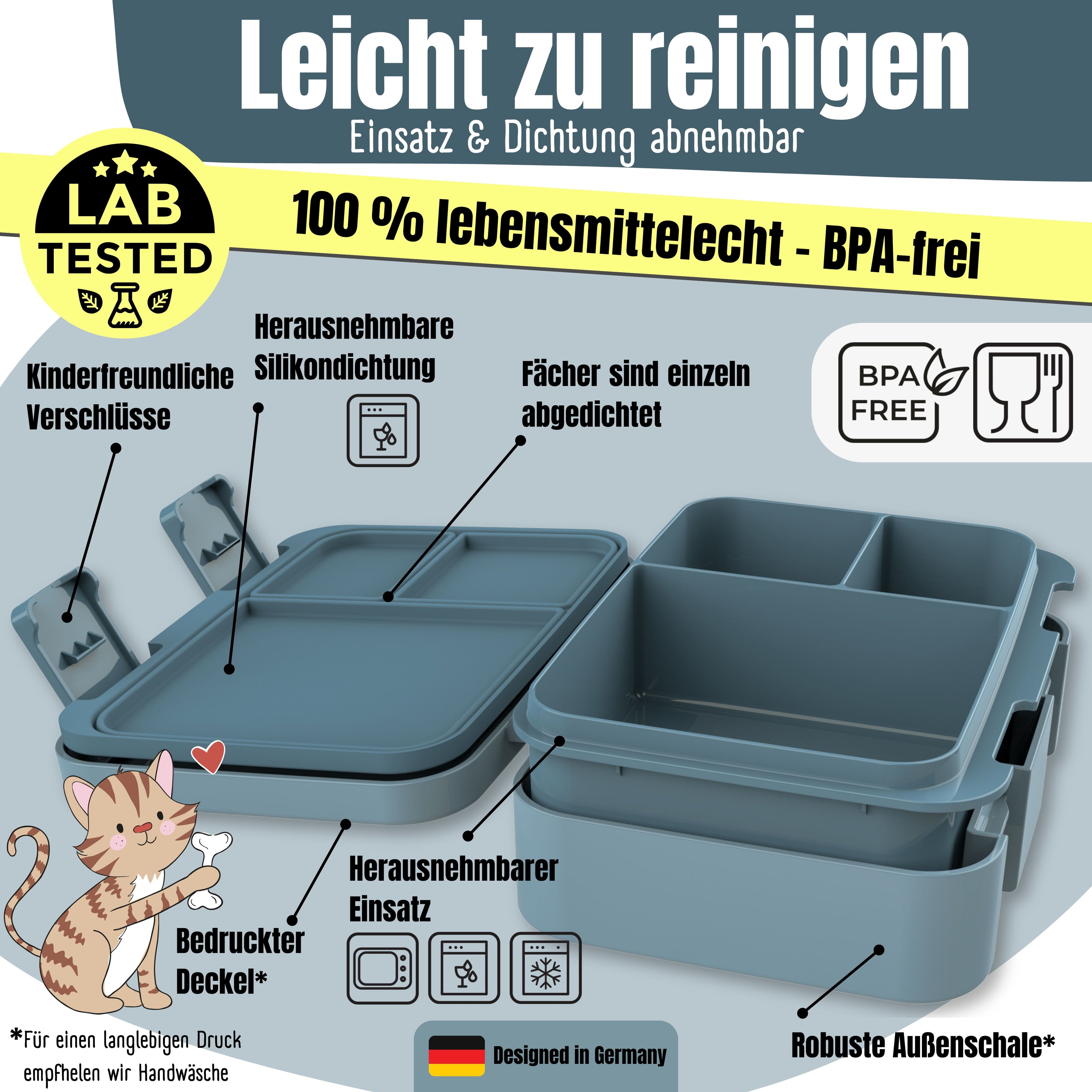 Brotdose mit Fächern, leicht & auslaufsicher - Bär blau