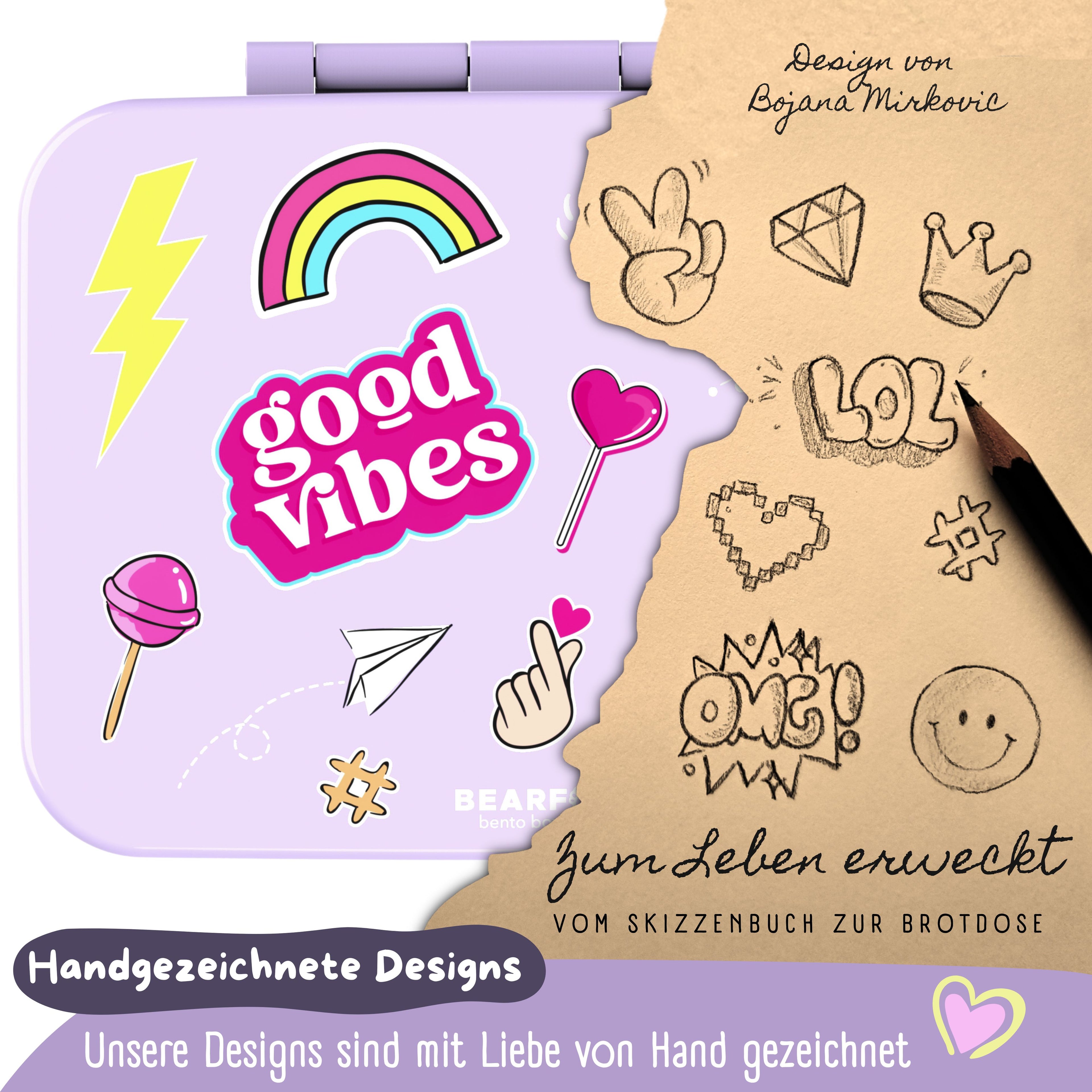 Brotdose mit Fächern, leicht & auslaufsicher - Sticker lila