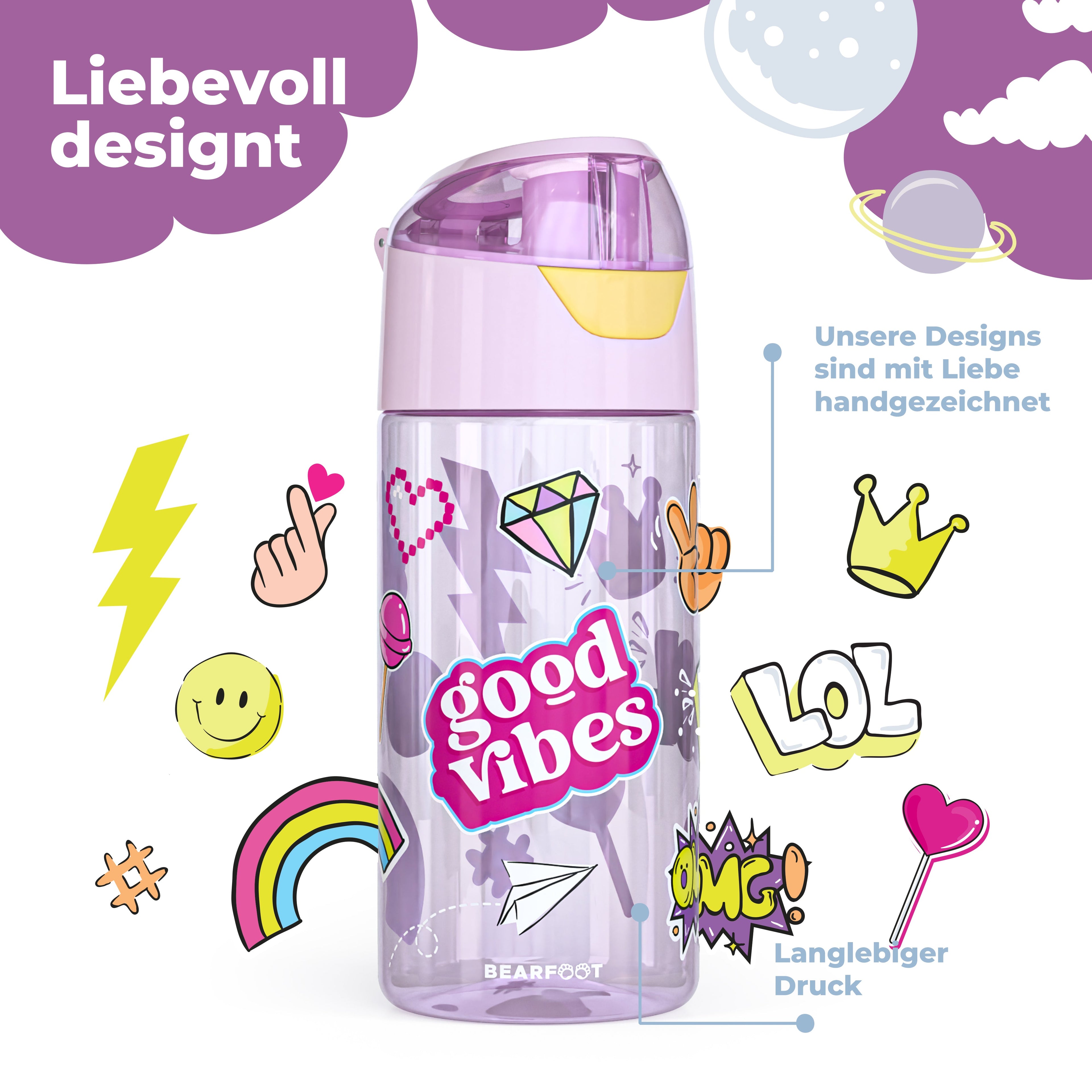 Trinkflasche Kinder, leichte Wasserflasche - Sticker lila