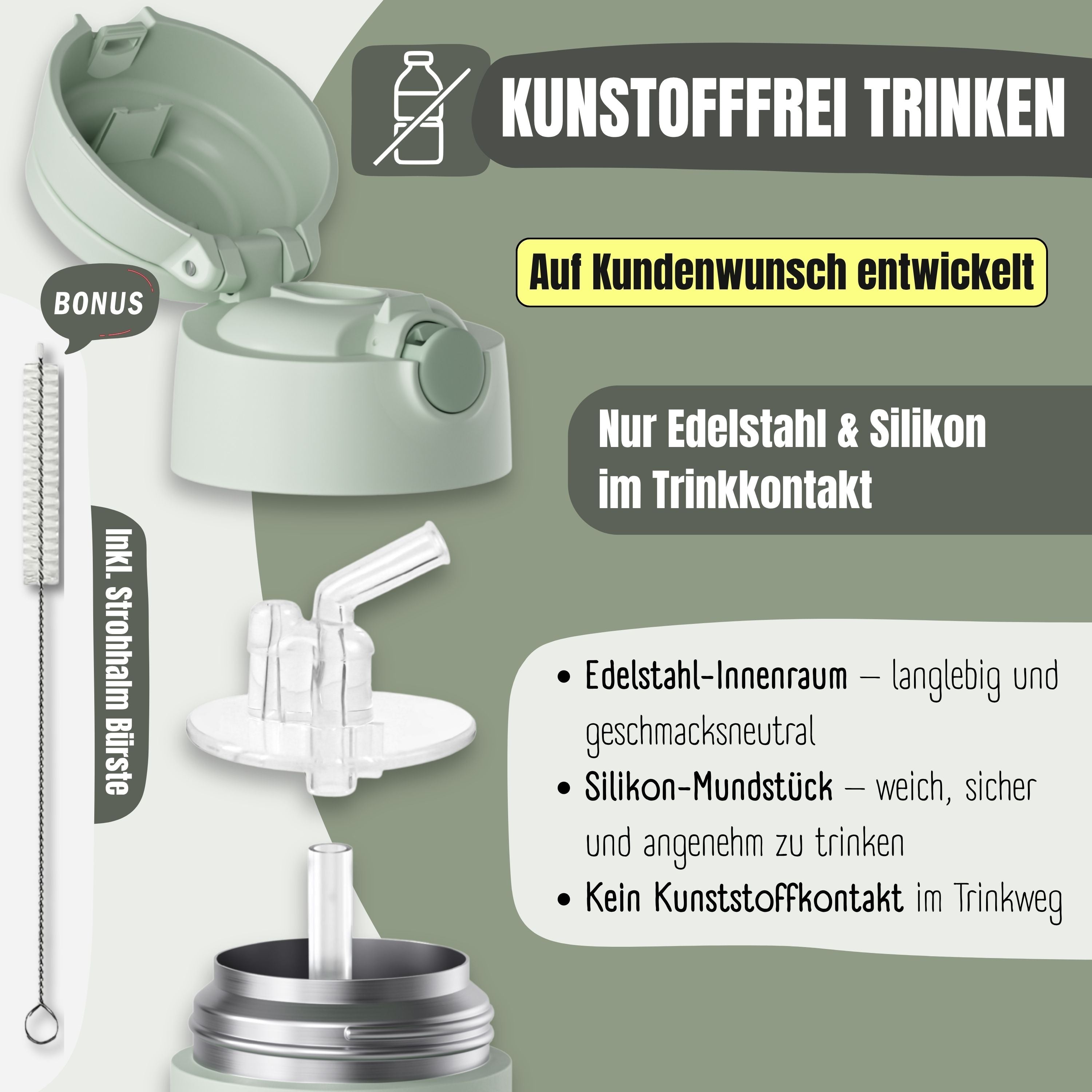 Thermo Kinder Trinkflasche Edelstahl - Reh grün