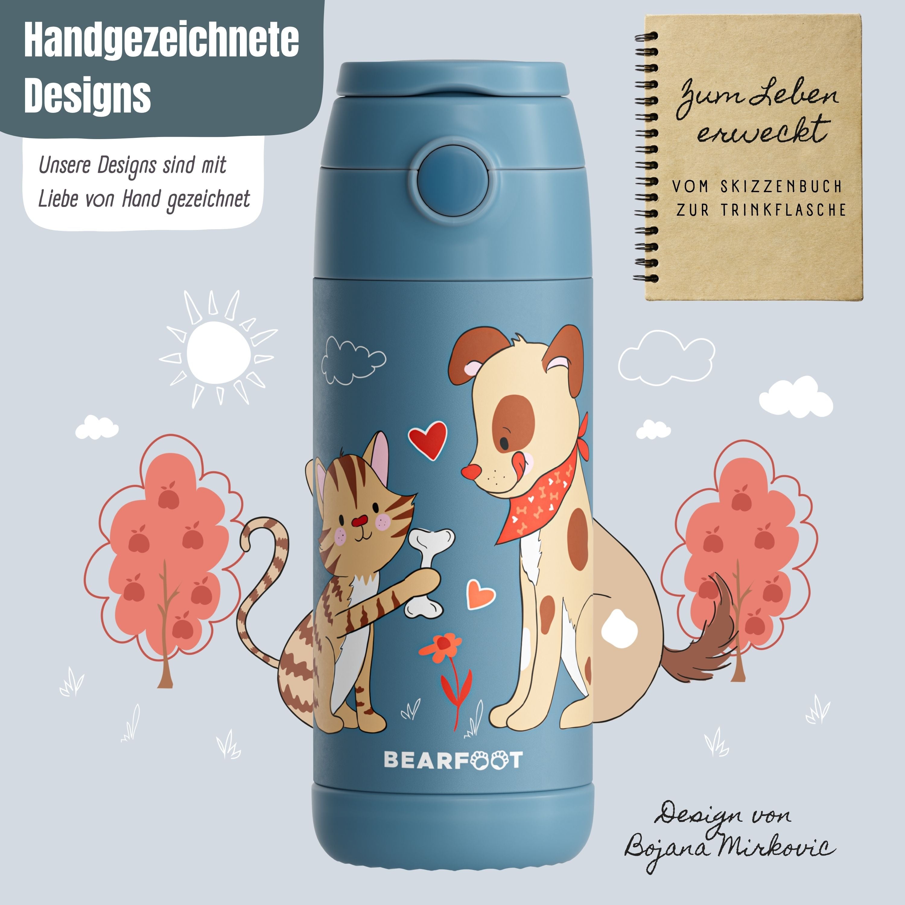 Thermo Kinder Trinkflasche Edelstahl - Hund & Katze blau