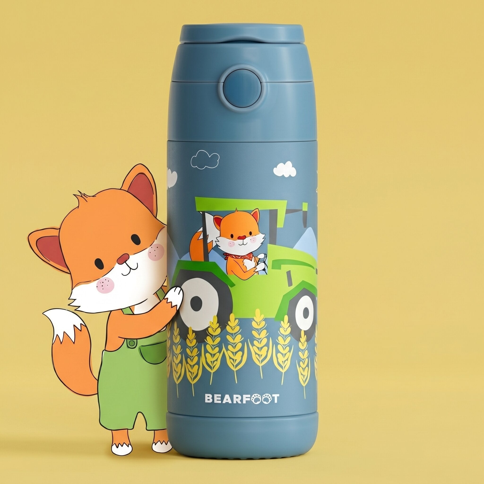 Thermo Kinder Trinkflasche Edelstahl - Traktor Fuchs blau