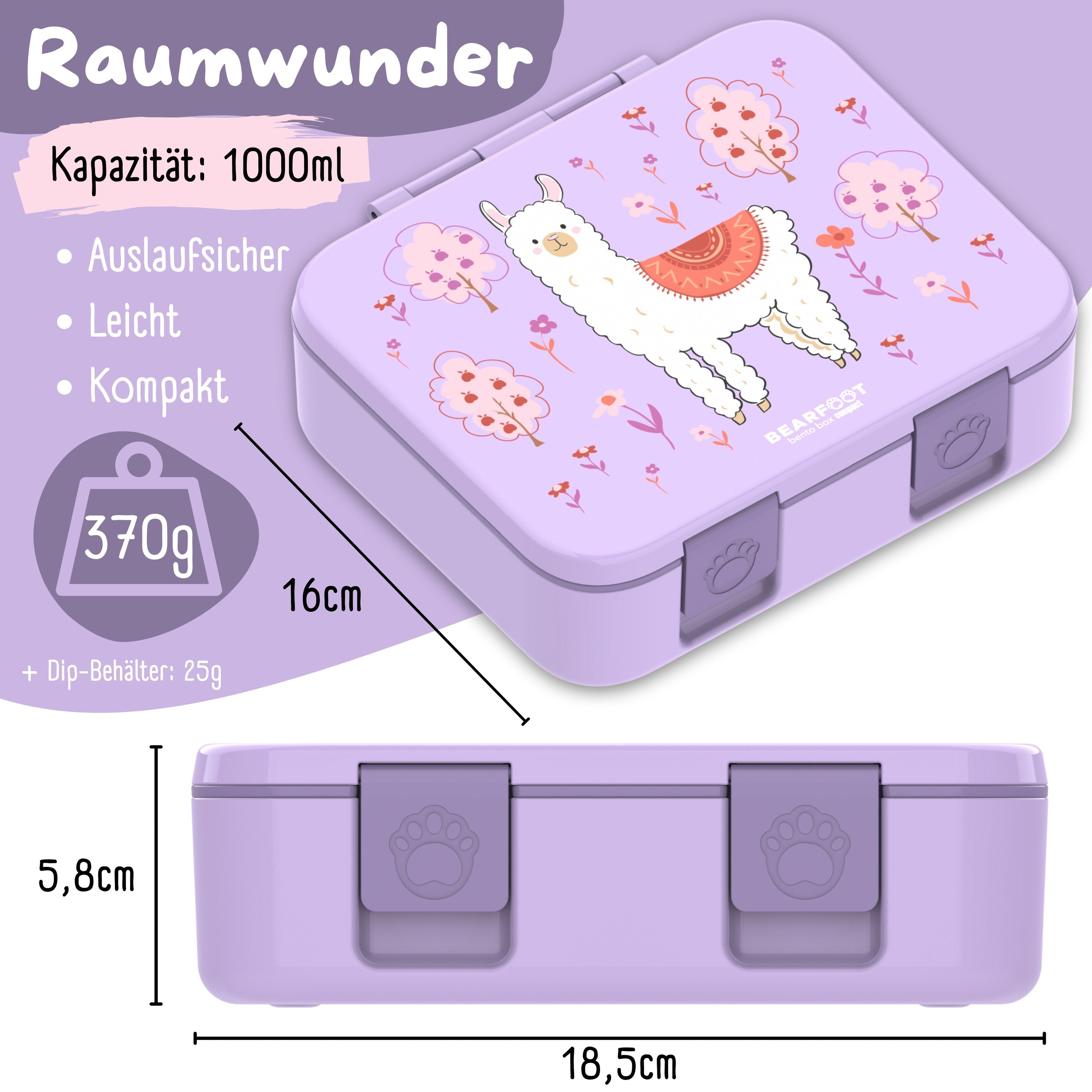 Brotdose mit Fächern, leicht &amp; auslaufsicher - Lama lila