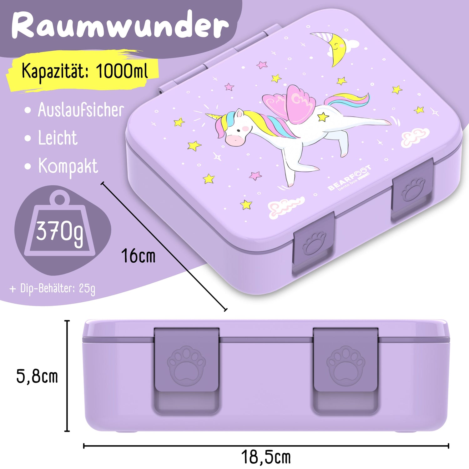 Brotdose mit Fächern, leicht &amp; auslaufsicher - Einhorn lila