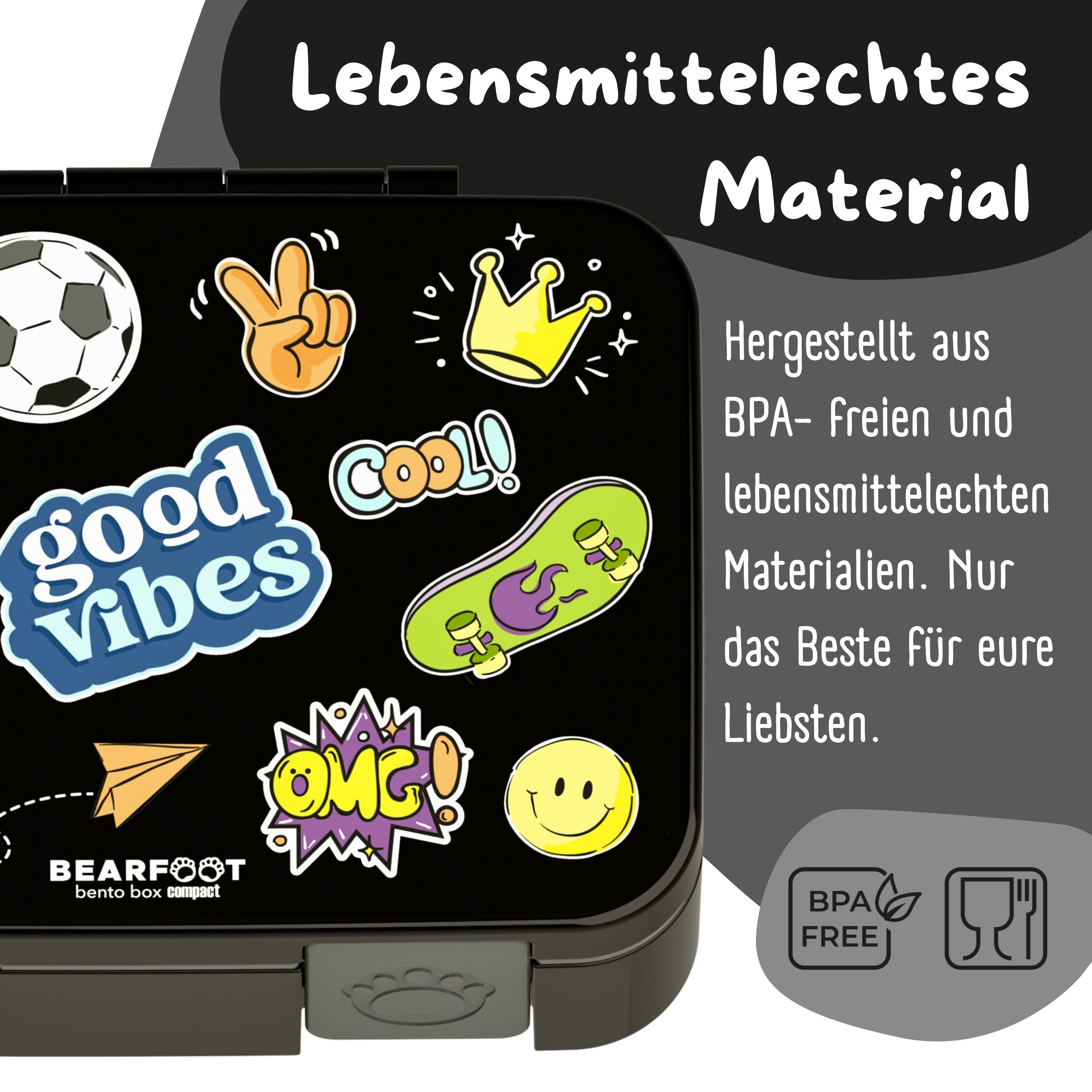 Brotdose mit Fächern, leicht &amp; auslaufsicher - Sticker schwarz