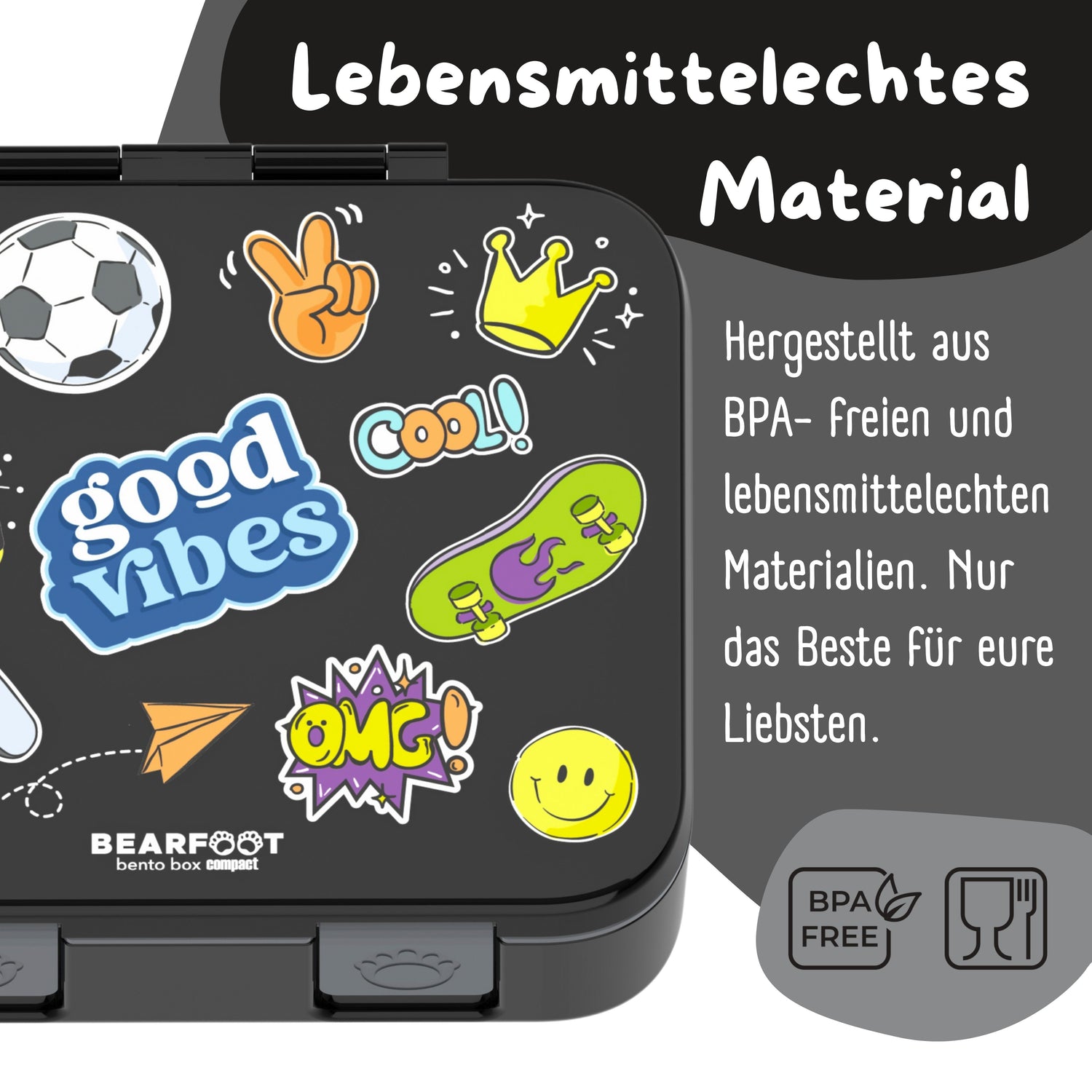 Brotdose mit Fächern, leicht &amp; auslaufsicher - Sticker schwarz