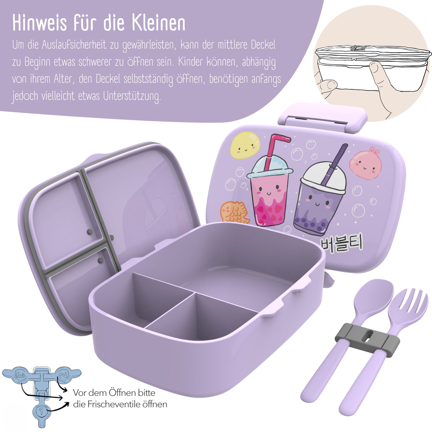 Kinderlunchbox met vakken, lekvrij - BubbleTea, paars