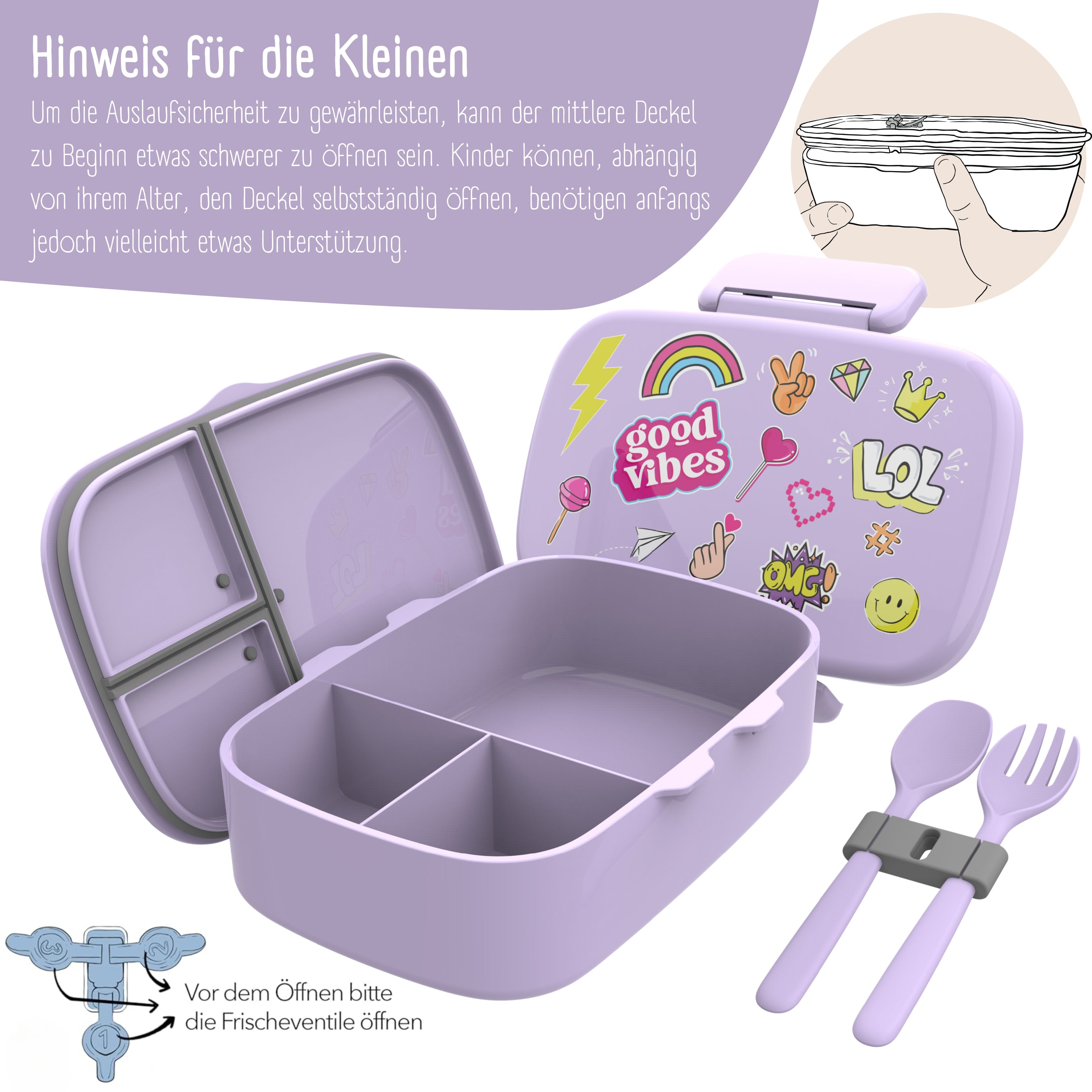 Brotdose Kinder mit Fächern, auslaufsicher - Sticker, lila