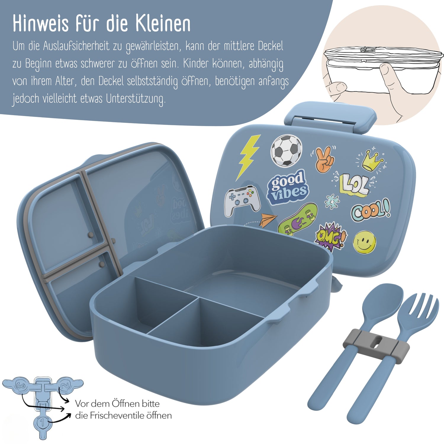 Brotdose Kinder mit Fächern, auslaufsicher - Sticker, blau