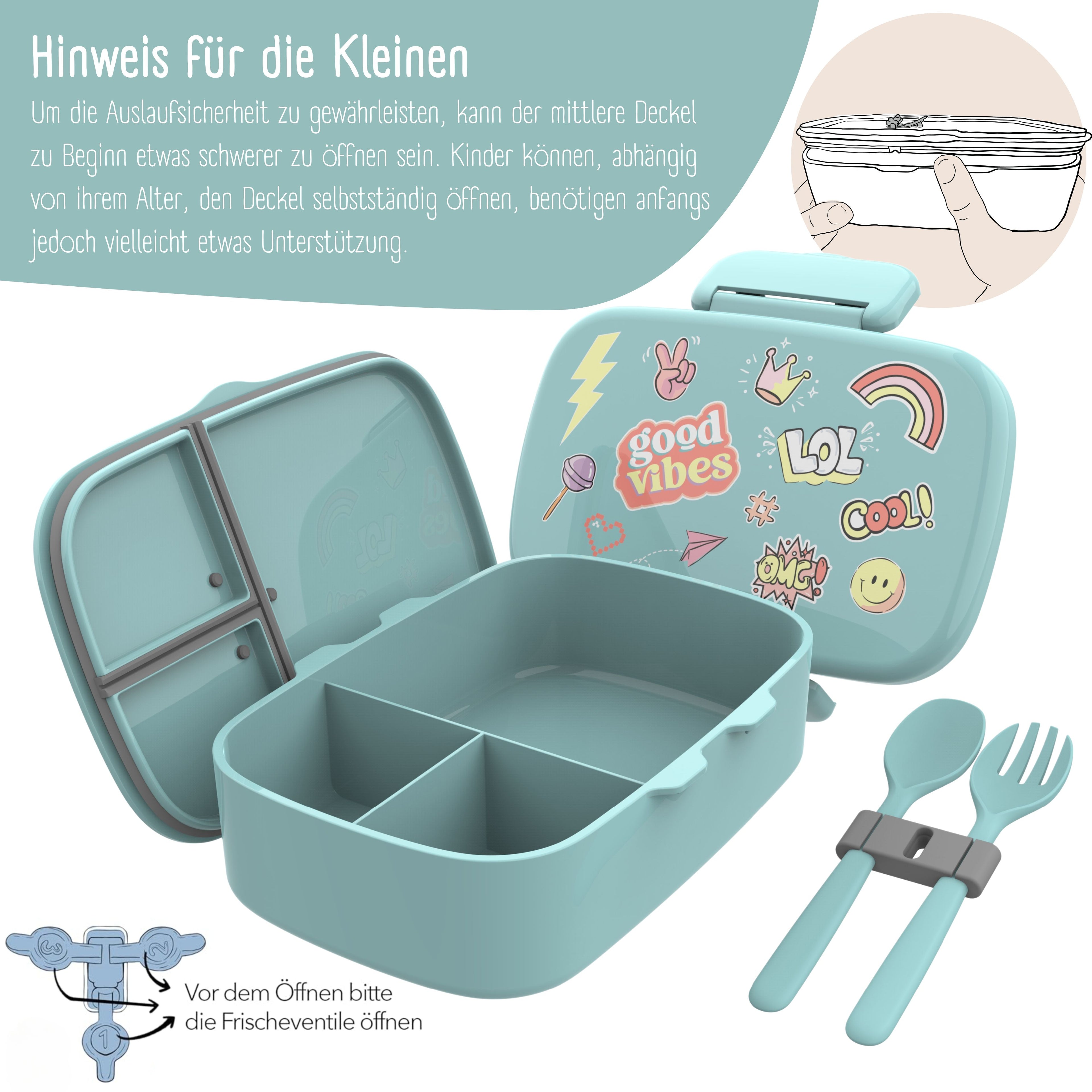 Kinderlunchbox met vakken, lekvrij - sticker, nieuwstaat