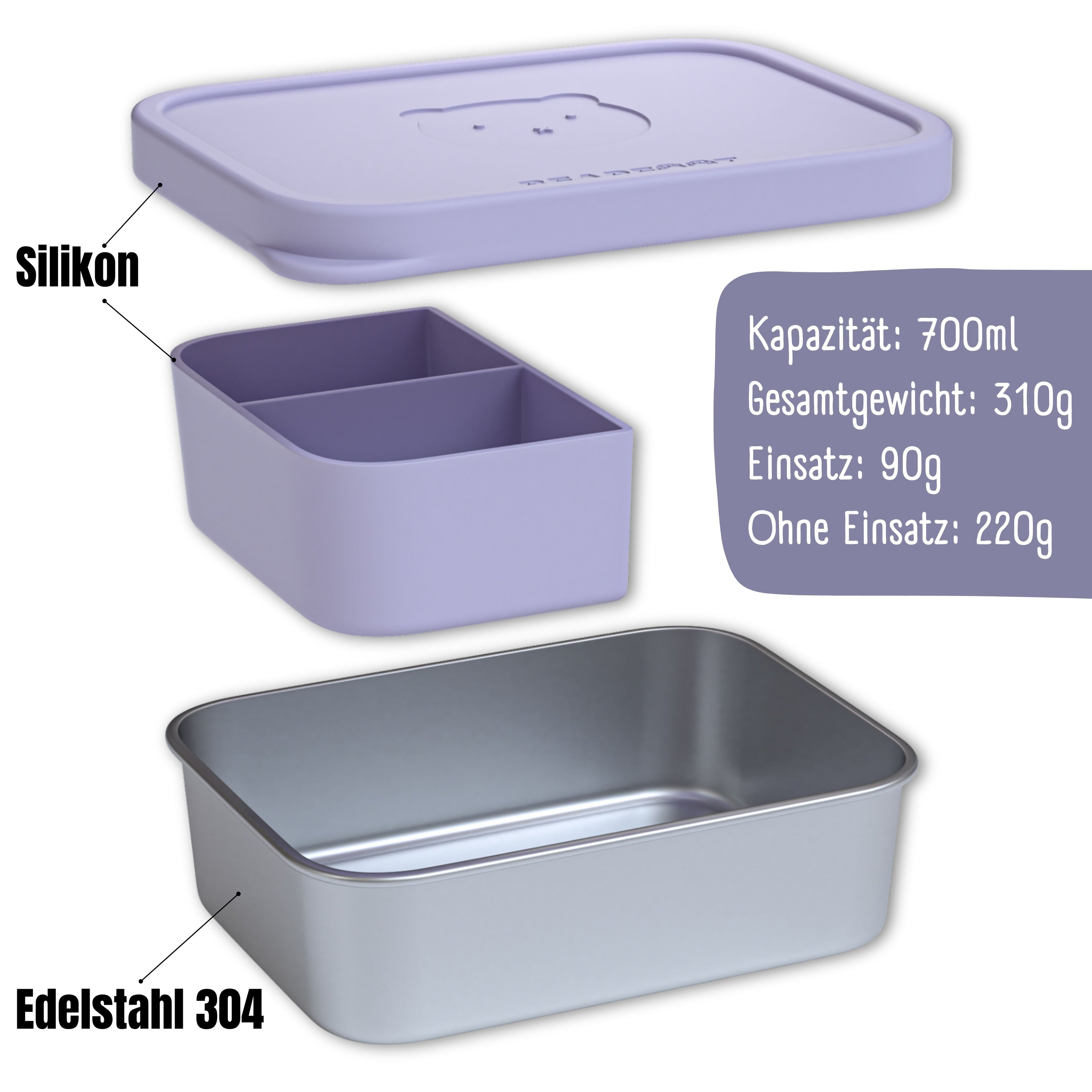 Brotdose Kinder Edelstahl mit Silikoneinsatz - Lavendel