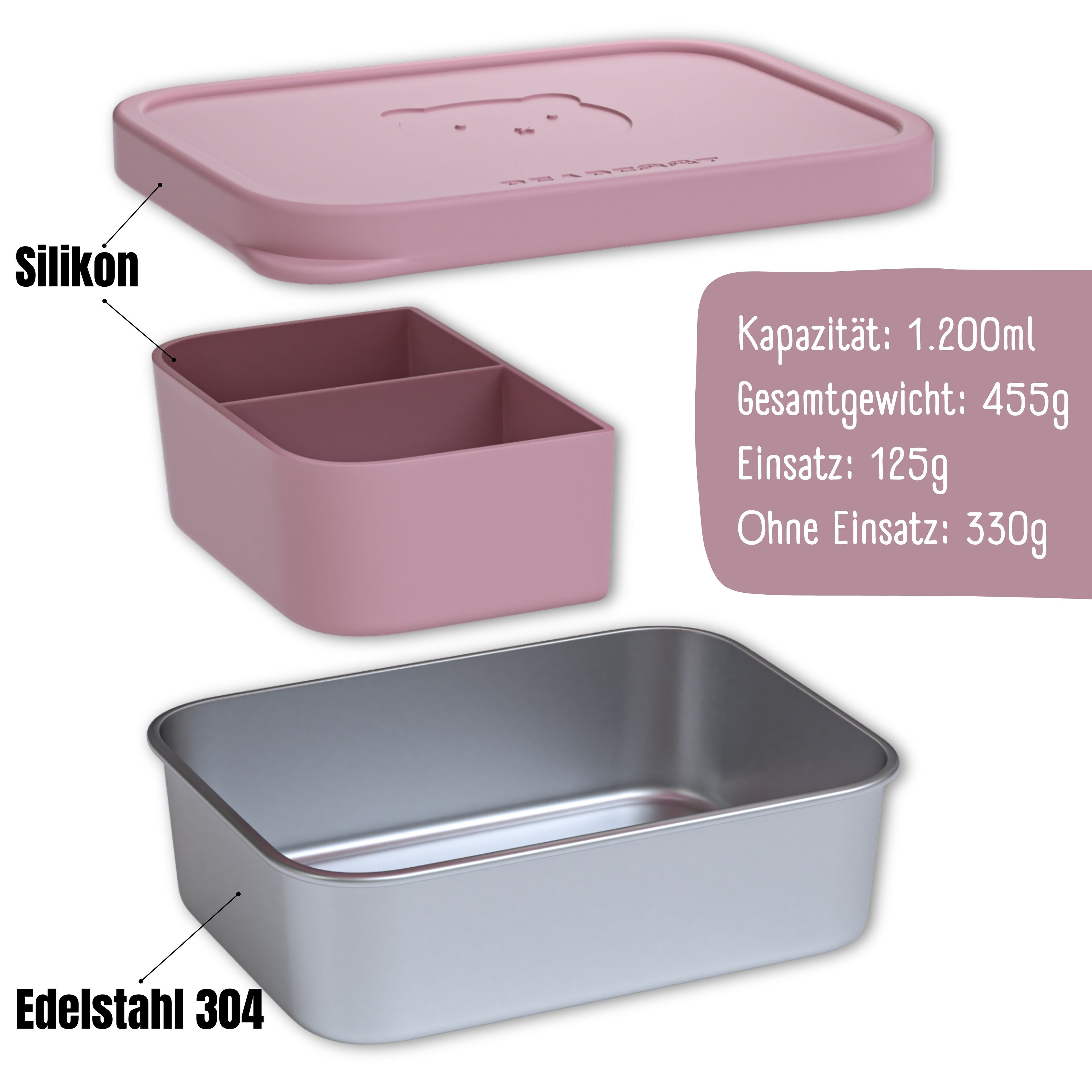 Brotdose Kinder Edelstahl mit Silikoneinsatz - Rosa