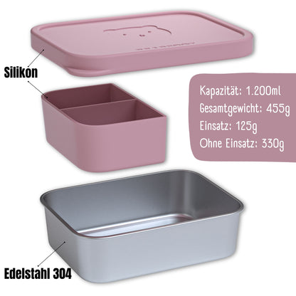 Brotdose Kinder Edelstahl mit Silikoneinsatz - Rosa