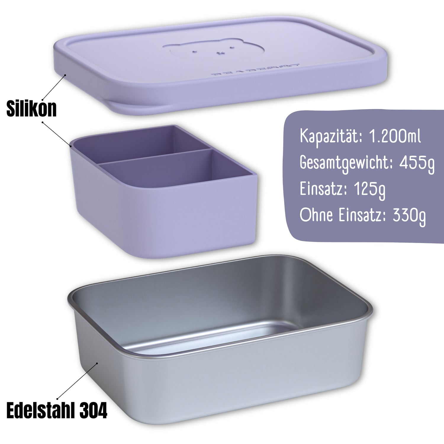 Brotdose Kinder Edelstahl mit Silikoneinsatz - Lavendel