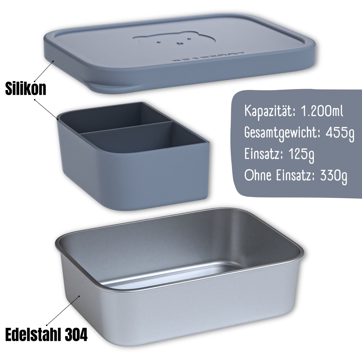 Brotdose Kinder Edelstahl mit Silikoneinsatz - Blau