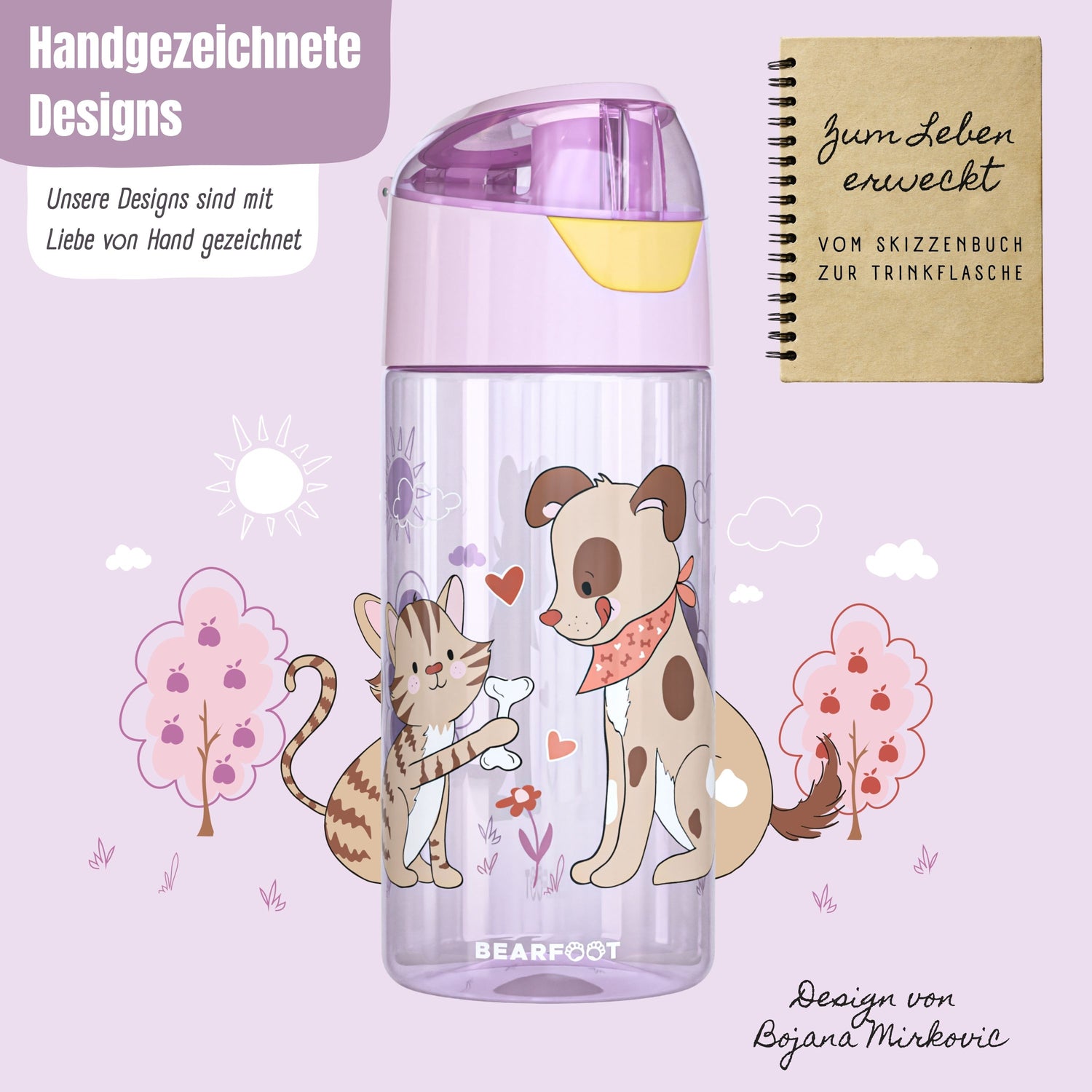 Trinkflasche Kinder leichte Wasserflasche - Hund &amp; Katze pink