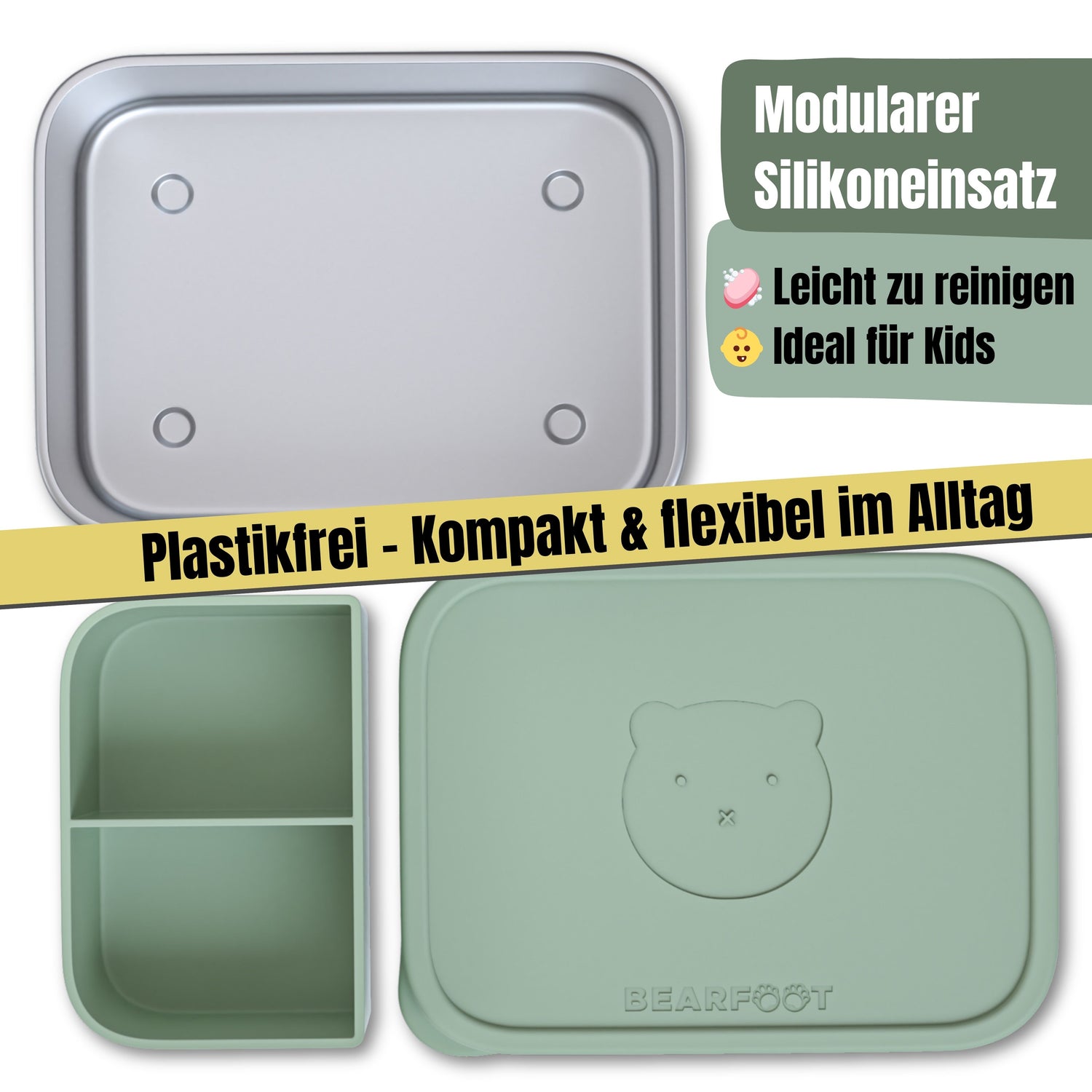 Brotdose Kinder Edelstahl mit Silikoneinsatz - Salbei