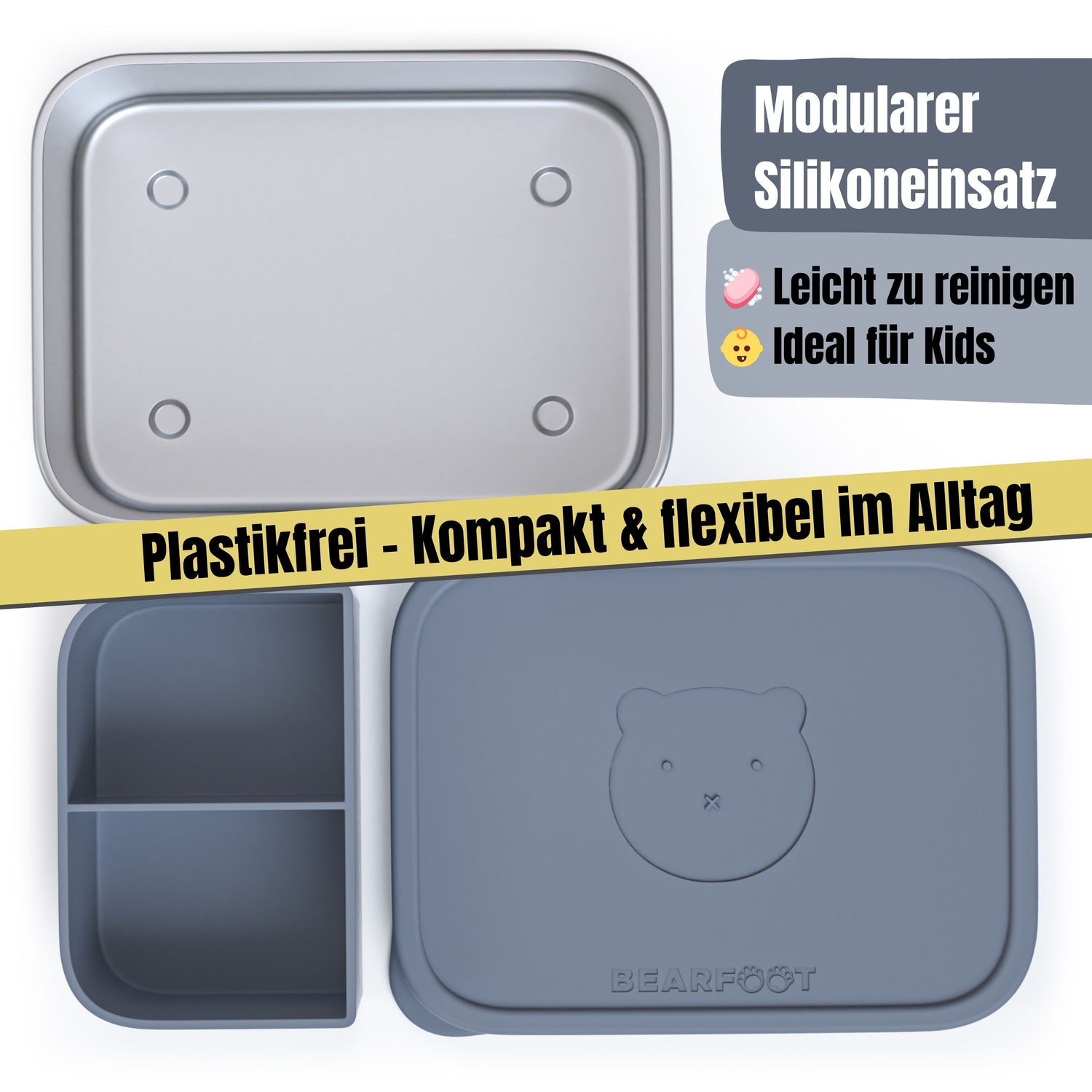 Brotdose Kinder Edelstahl mit Silikoneinsatz - Blau