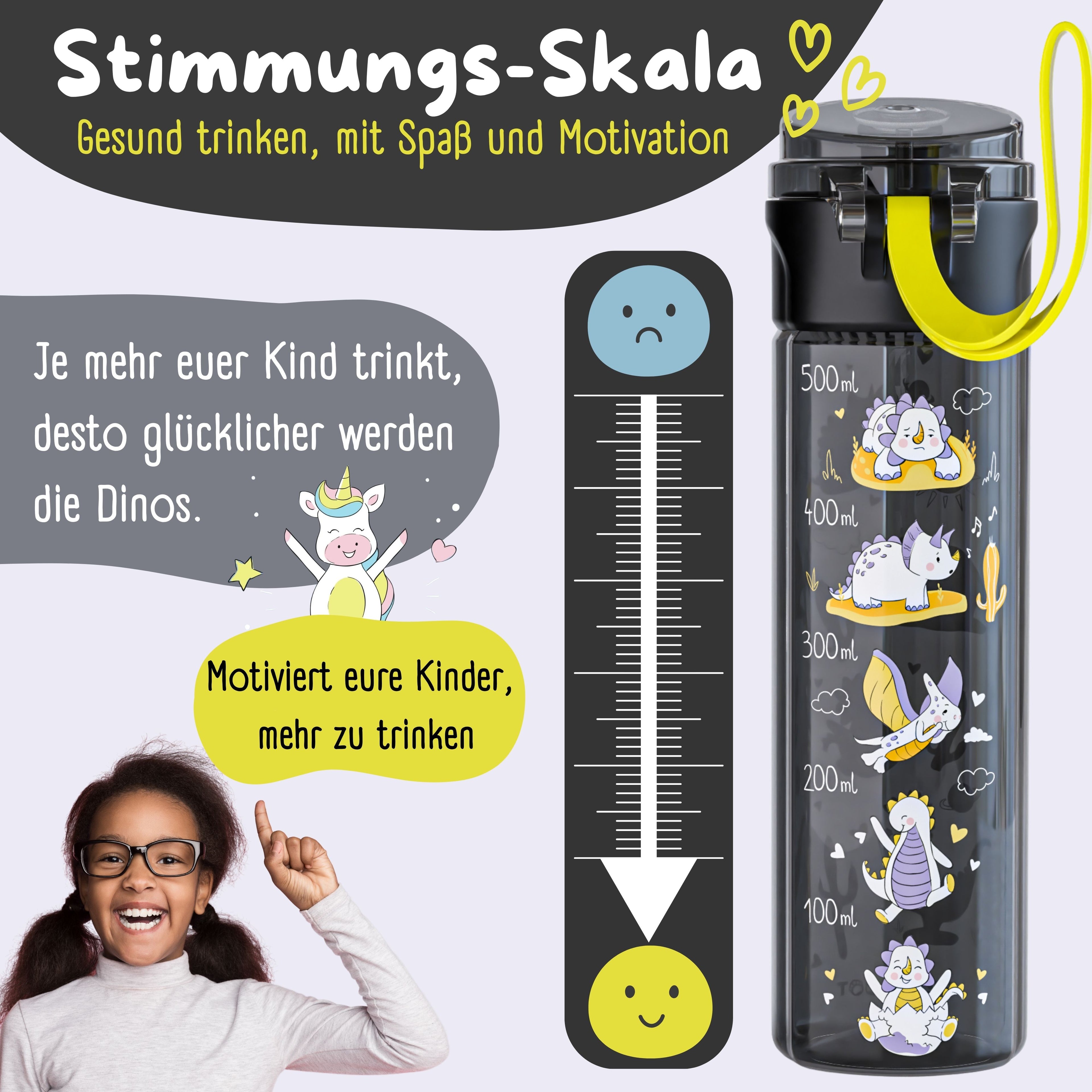 Kinderdrinkfles, 500 ml, licht - dinosaurussen zwart