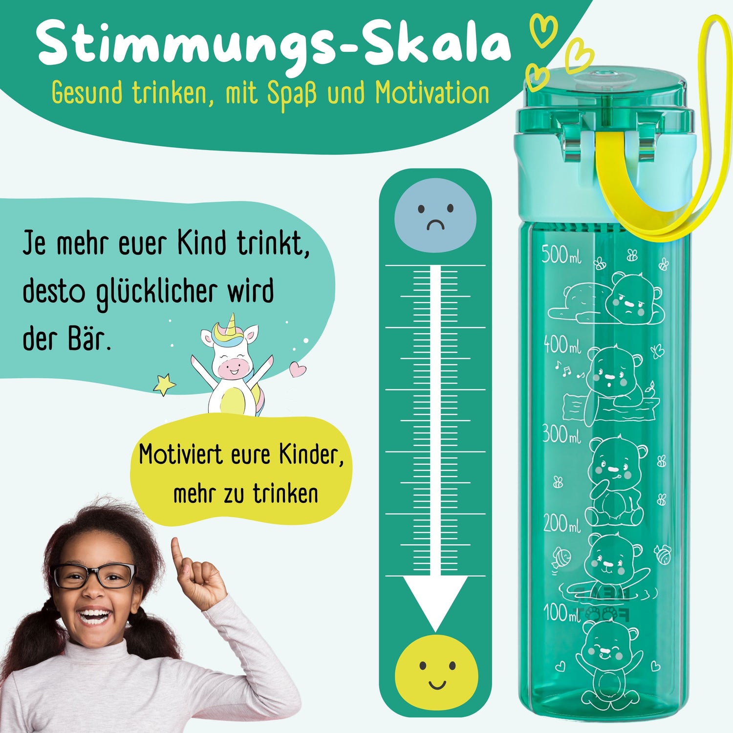 Trinkflasche Kinder, 500ml, leicht - Logo-mint
