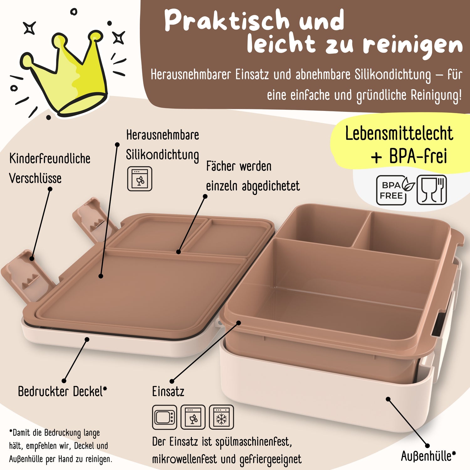 Brotdose mit Fächern, leicht &amp; auslaufsicher - Dino braun