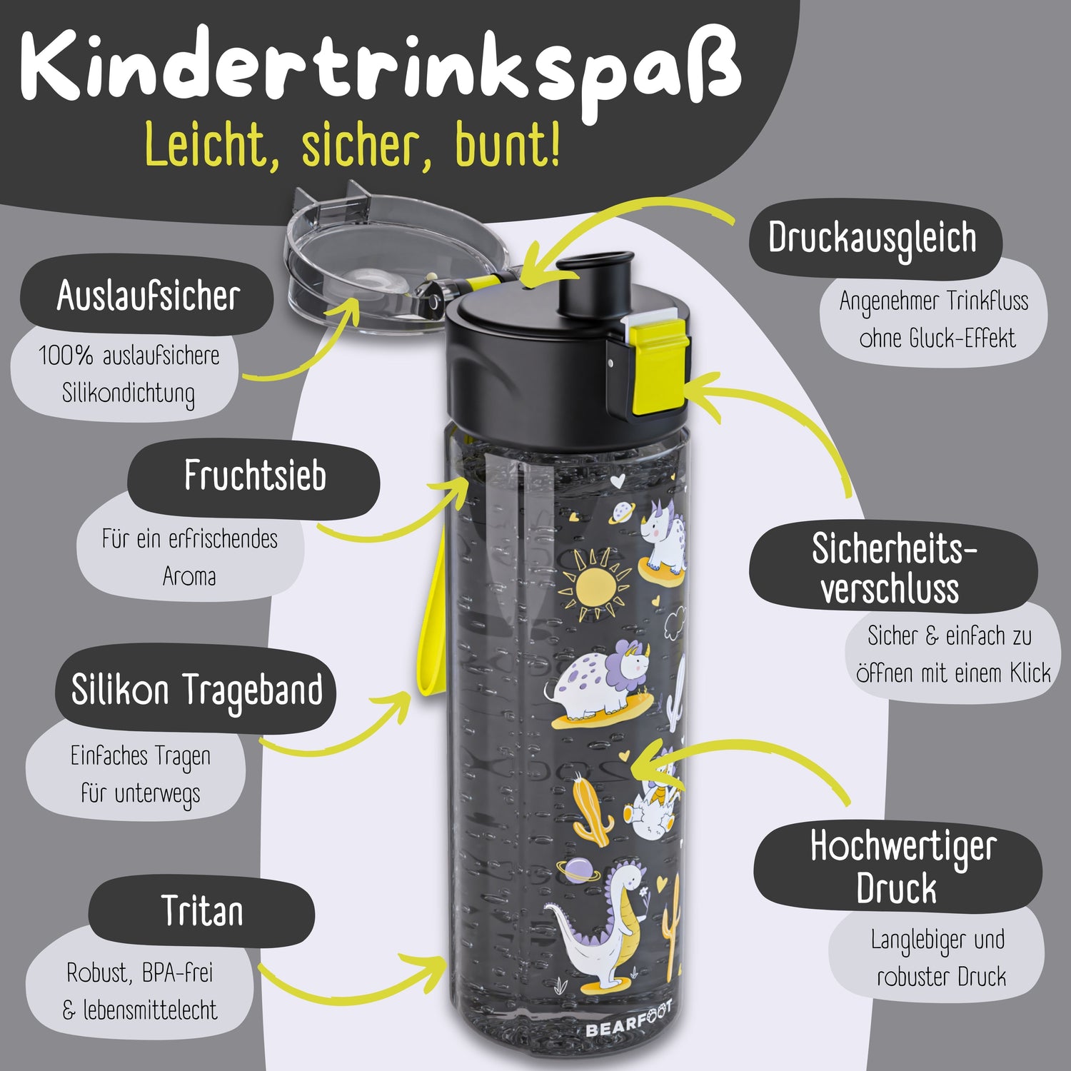 Kinderdrinkfles, 500 ml, licht - dinosaurussen zwart
