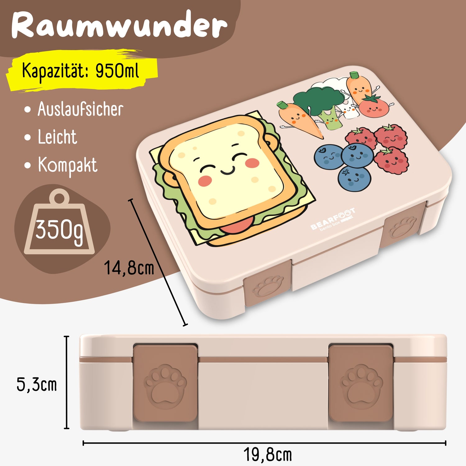 Brotdose mit Fächern, leicht &amp; auslaufsicher -Sandwich braun