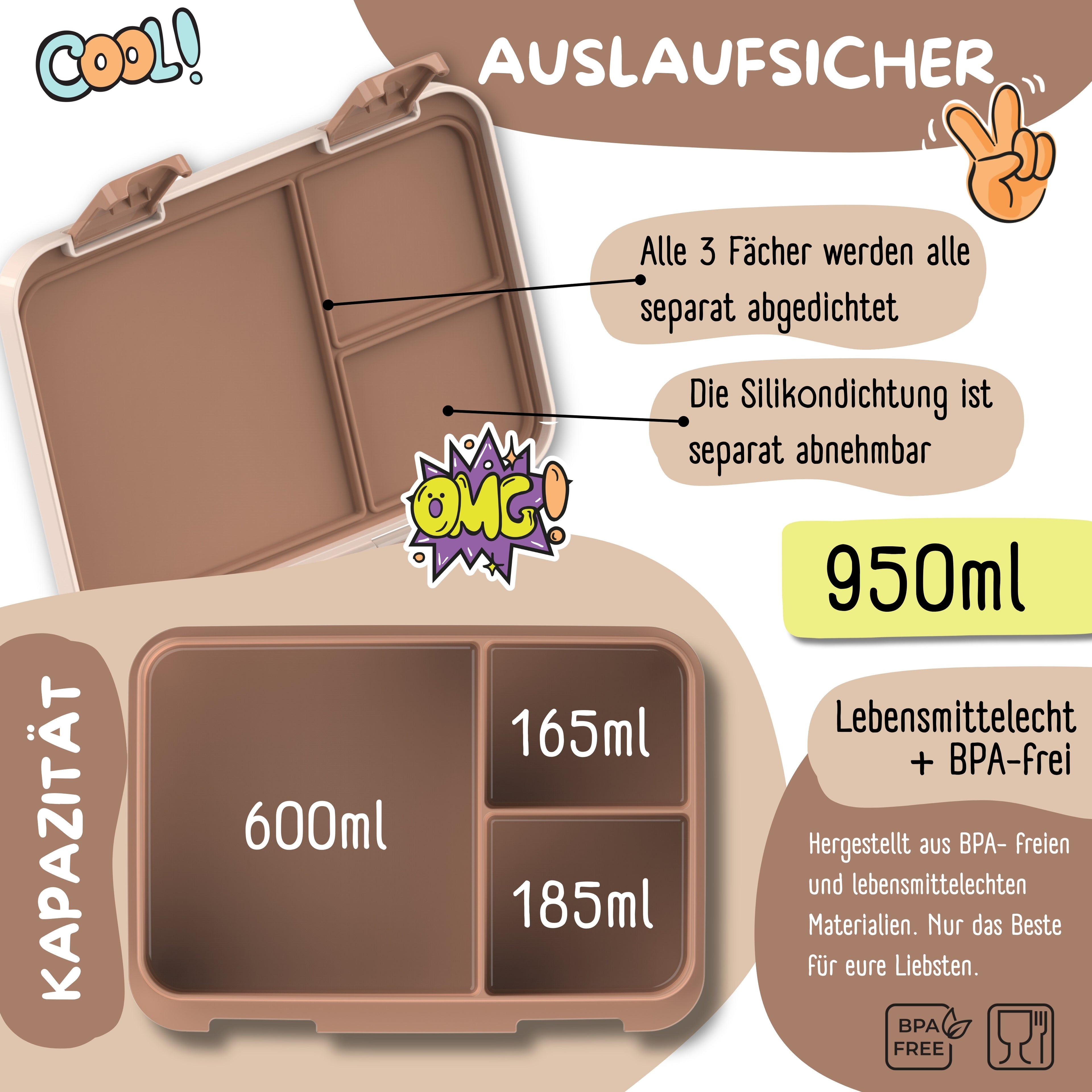 Brotdose mit Fächern, leicht &amp; auslaufsicher - Dino braun