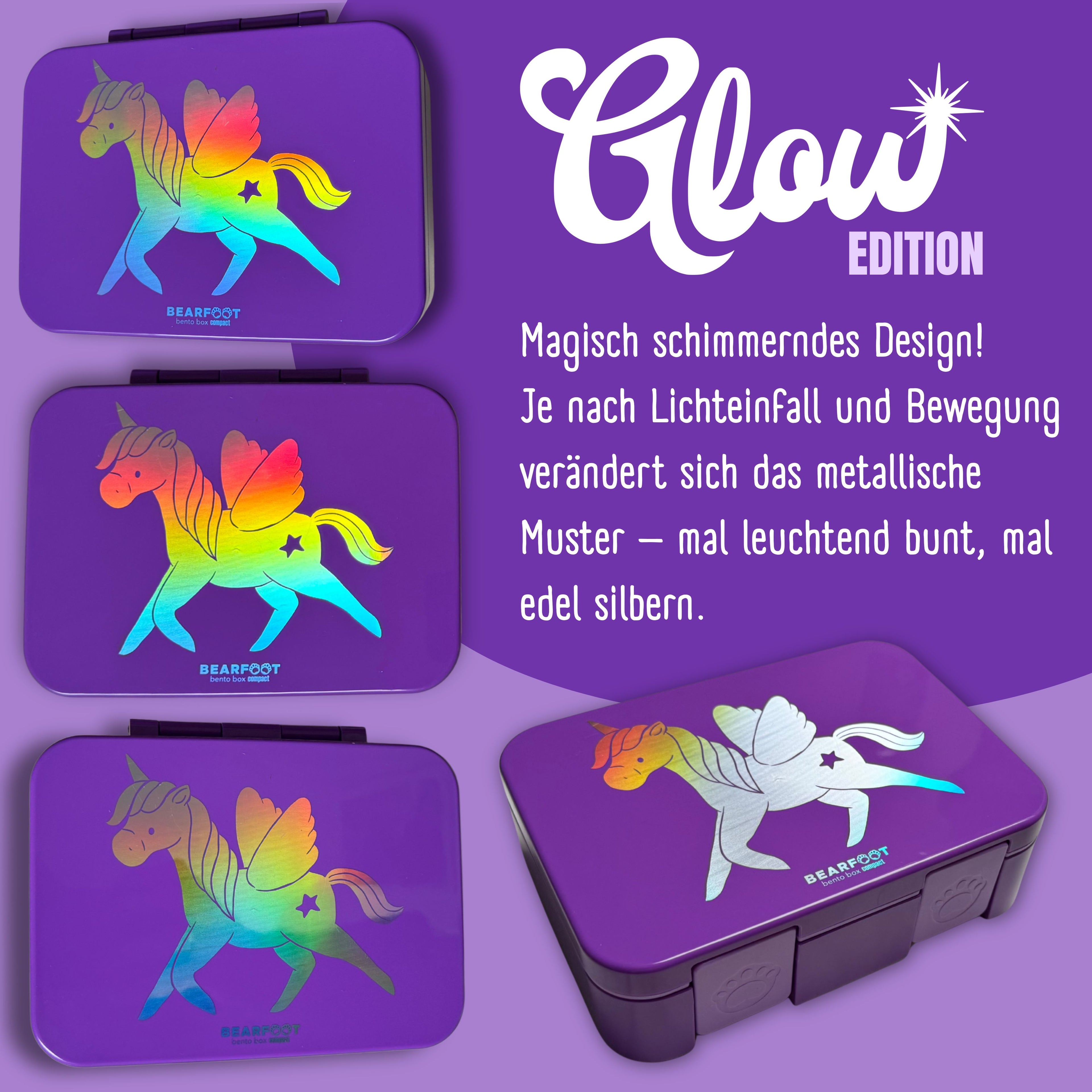Brotdose mit Fächern, leicht &amp; auslaufsicher - Einhorn GLOW