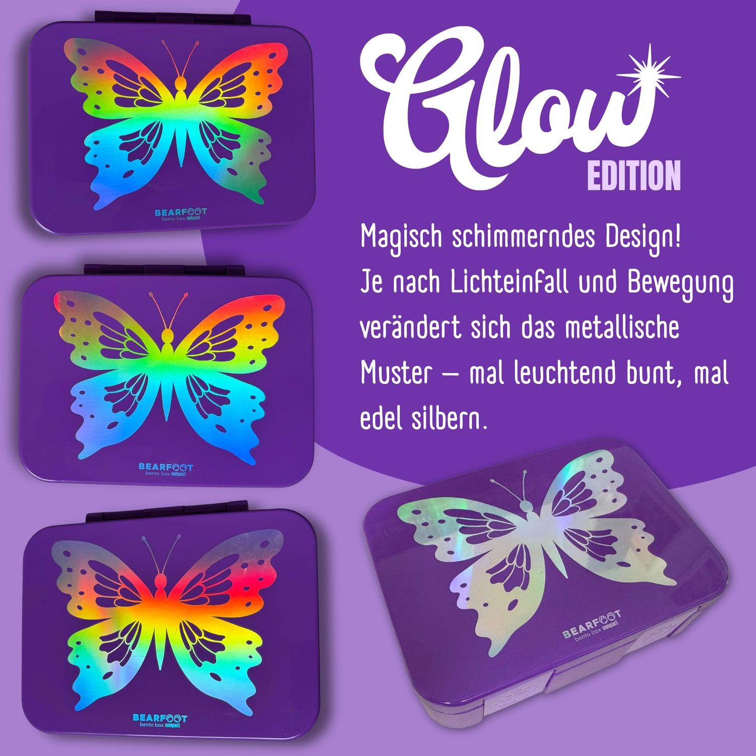 Brotdose mit Fächern, auslaufsicher - Schmetterling GLOW