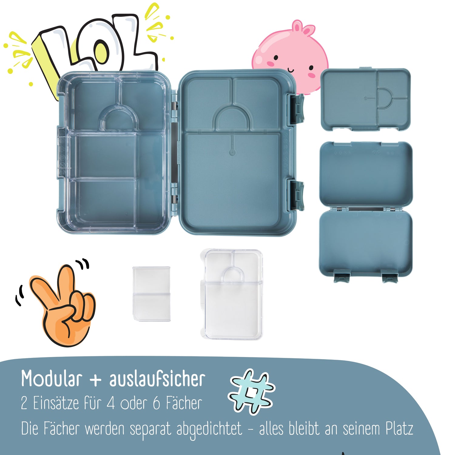 Fiambrera para niños con compartimentos, lonchera, caja bento - azul