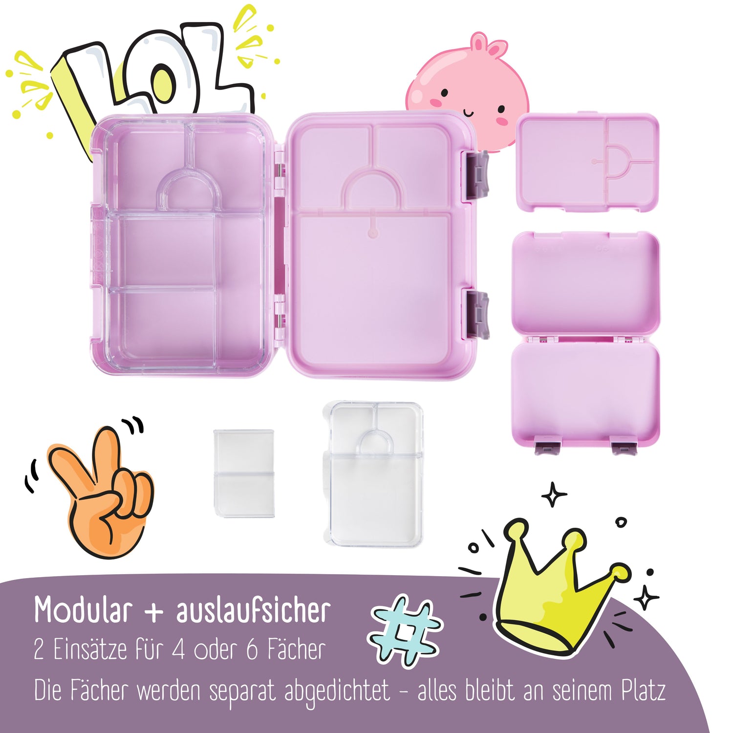 Fiambrera infantil con compartimentos, lonchera - BubbleTea Purple