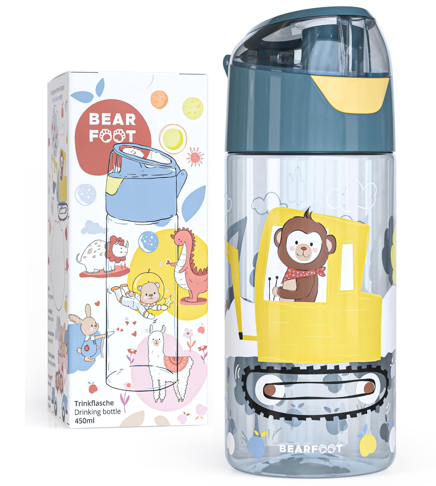 Botella de agua para niños, botella de agua ligera - excavadora y mono