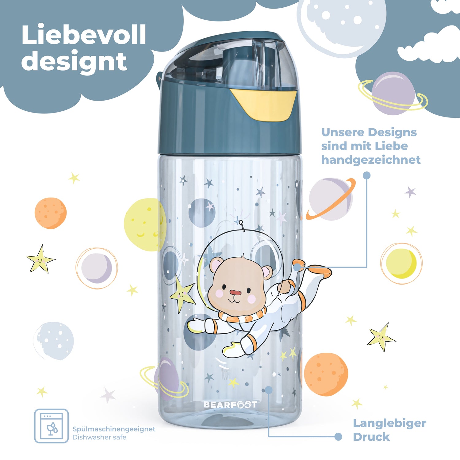 Botella para beber, botella de agua ligera para niños, oso astronauta