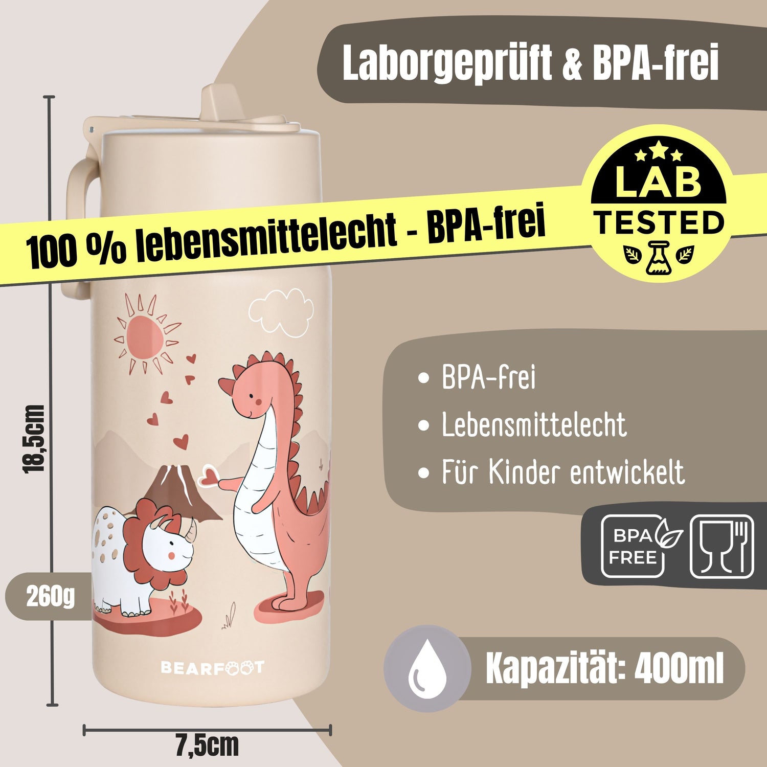 Thermo børne drikkedunk i rustfrit stål - dinosaurer brun