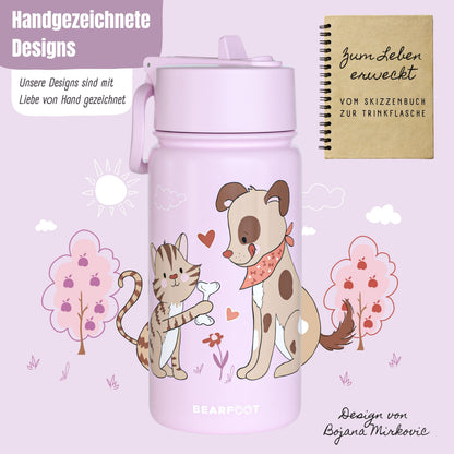 Thermo Kinder Trinkflasche Edelstahl - Hund&amp;Katze lila