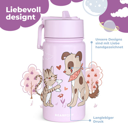 Botella térmica para niños de acero inoxidable - perro y gato violeta