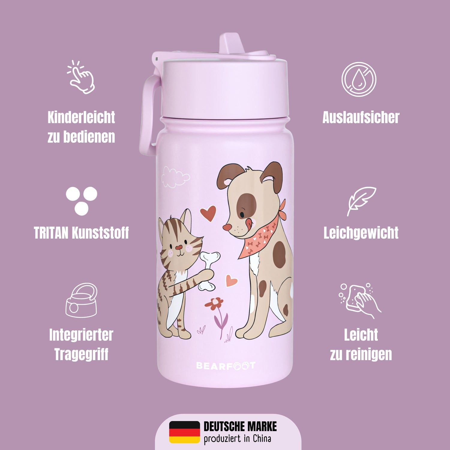 Thermo Kinder Trinkflasche Edelstahl - Hund&amp;Katze lila
