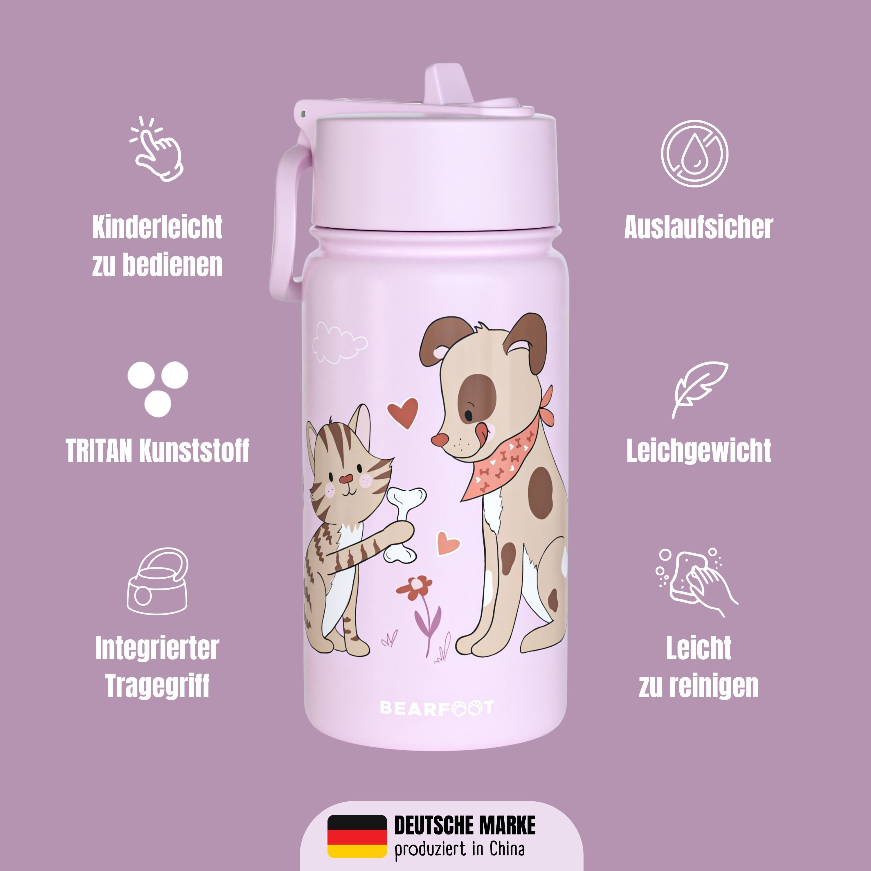 Thermo Kinder Trinkflasche Edelstahl - Hund&amp;Katze lila