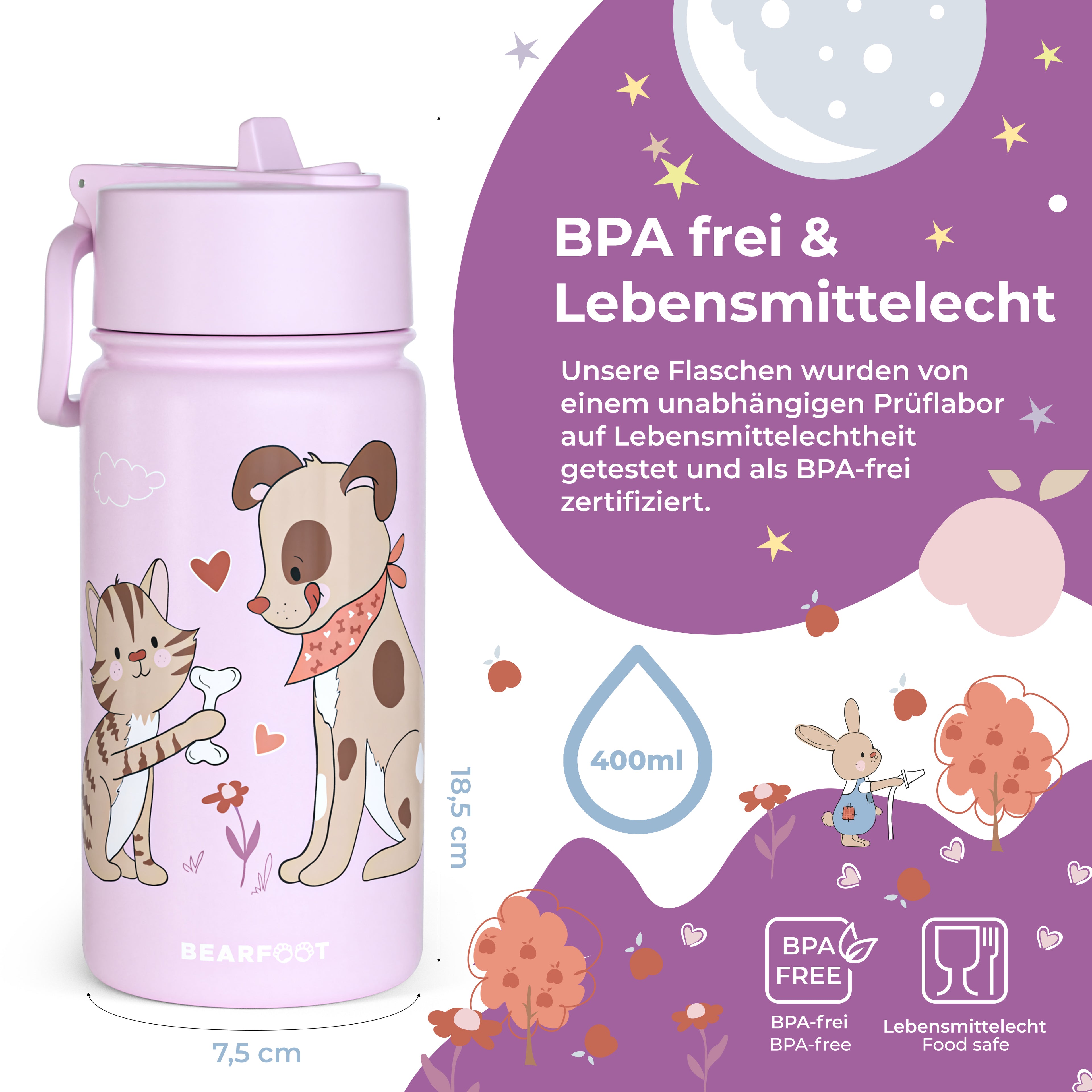 Botella térmica para niños de acero inoxidable - perro y gato violeta