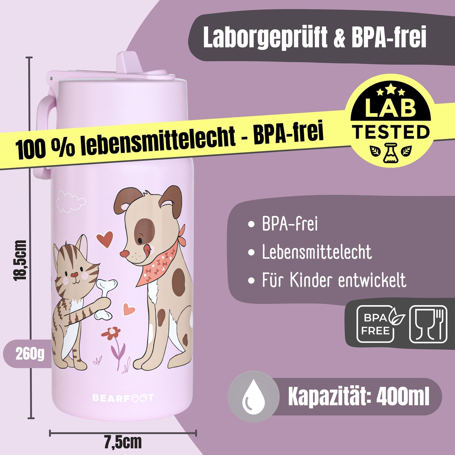 Thermo Kinder Trinkflasche Edelstahl - Hund&amp;Katze lila