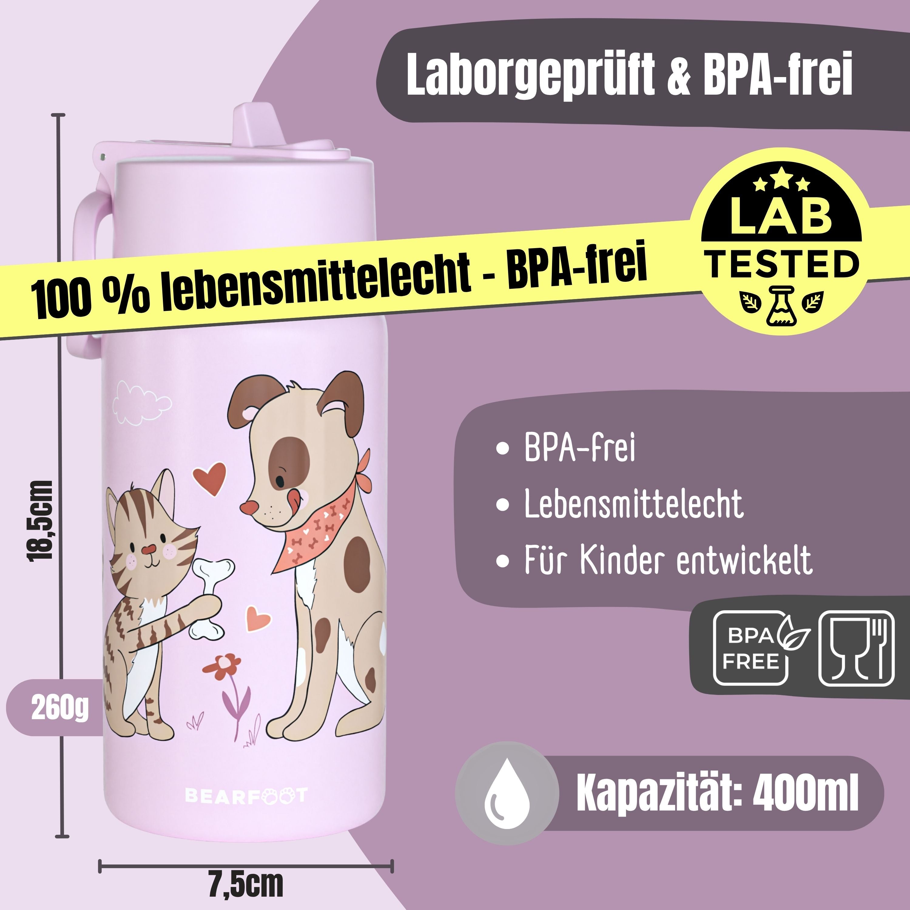 Thermo Kinder Trinkflasche Edelstahl - Hund&amp;Katze lila