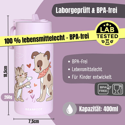 Thermo Kinder Trinkflasche Edelstahl - Hund&amp;Katze lila