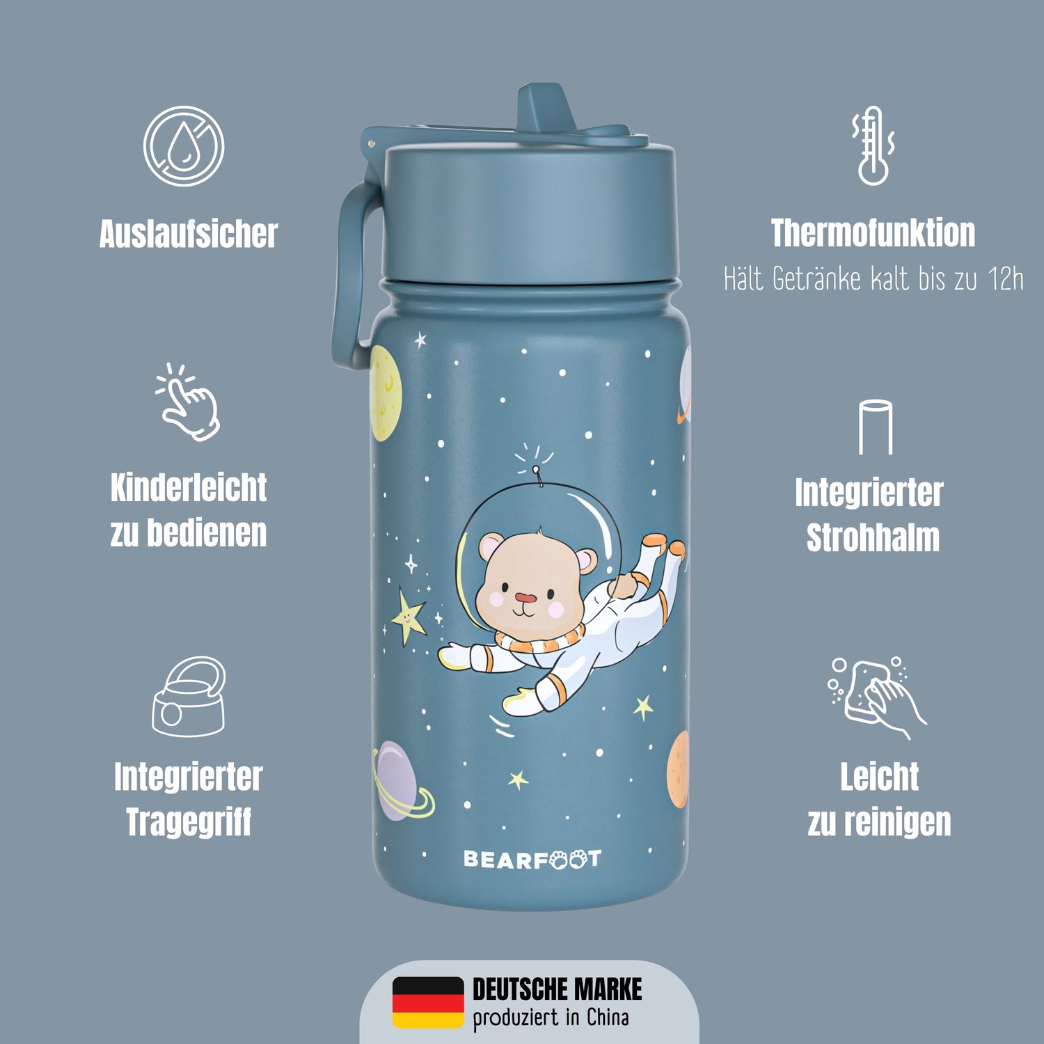 Thermo Kinder Trinkflasche Edelstahl - Astro Bär blau