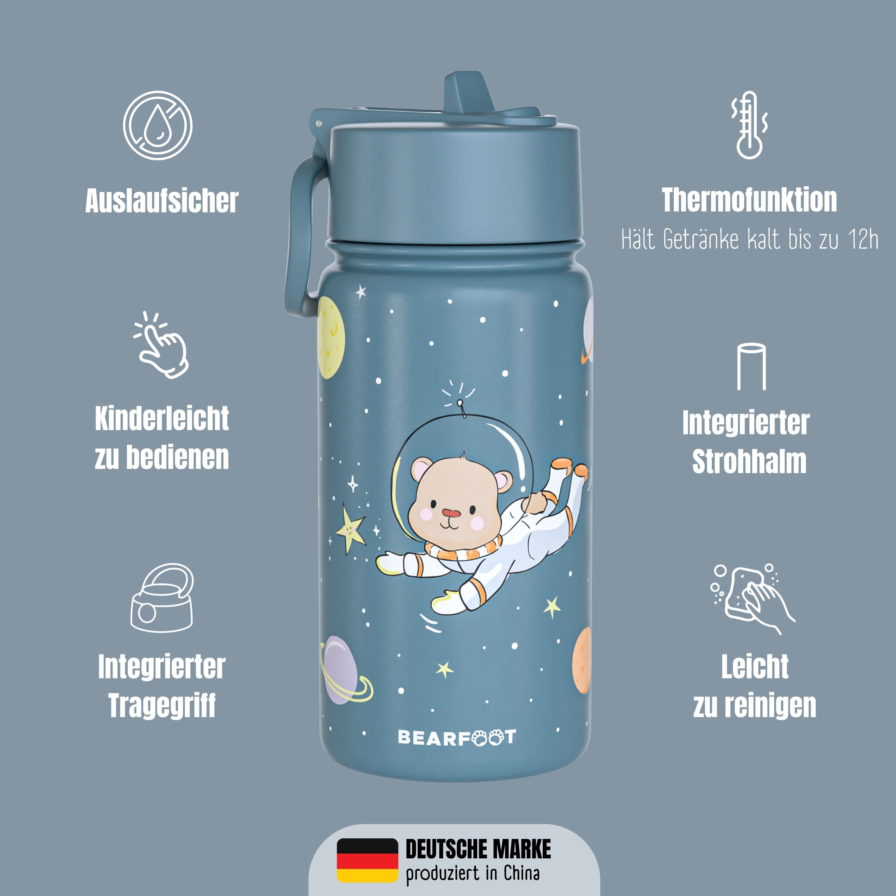 Thermo Kinder Trinkflasche Edelstahl - Astro Bär blau