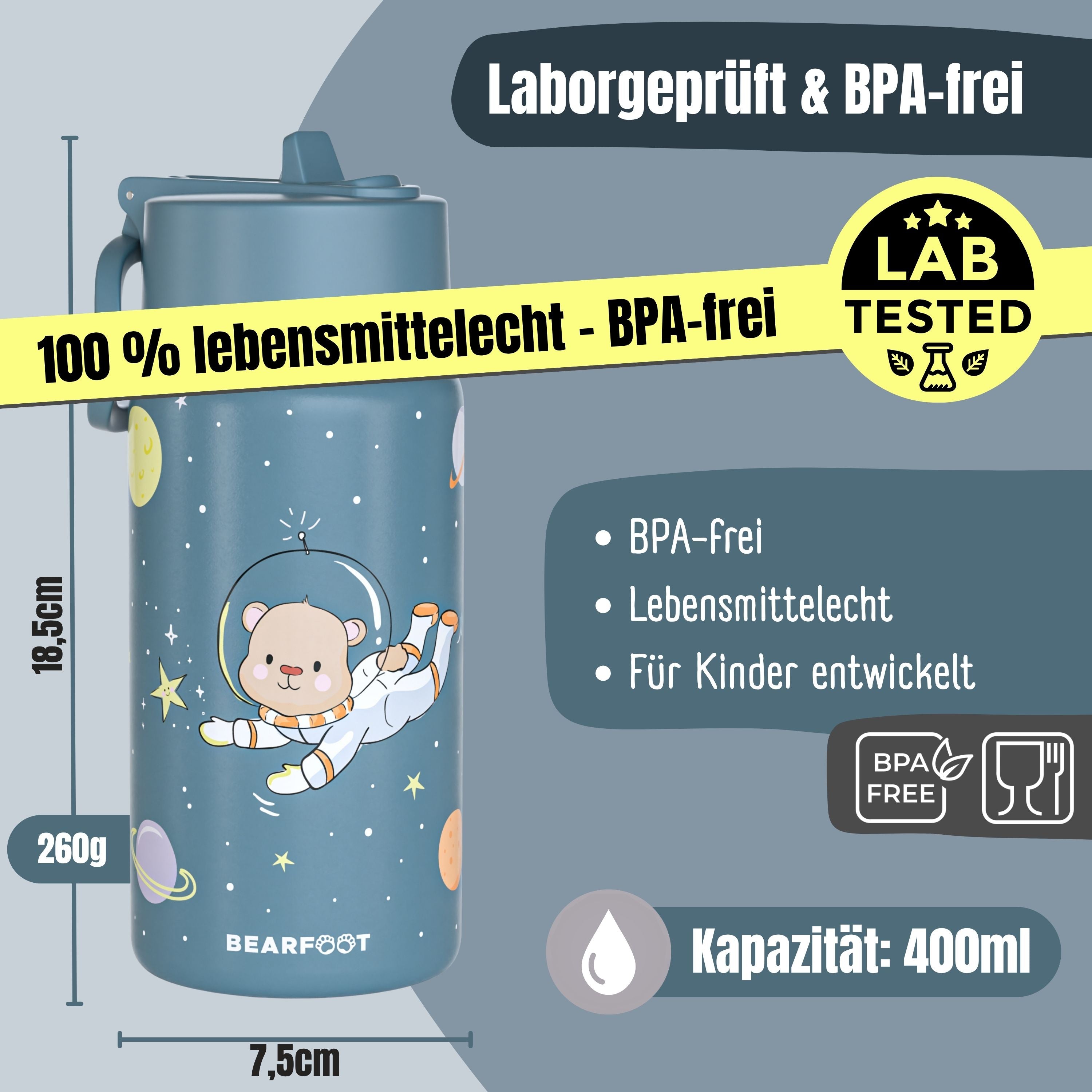 Thermo Kinder Trinkflasche Edelstahl - Astro Bär blau