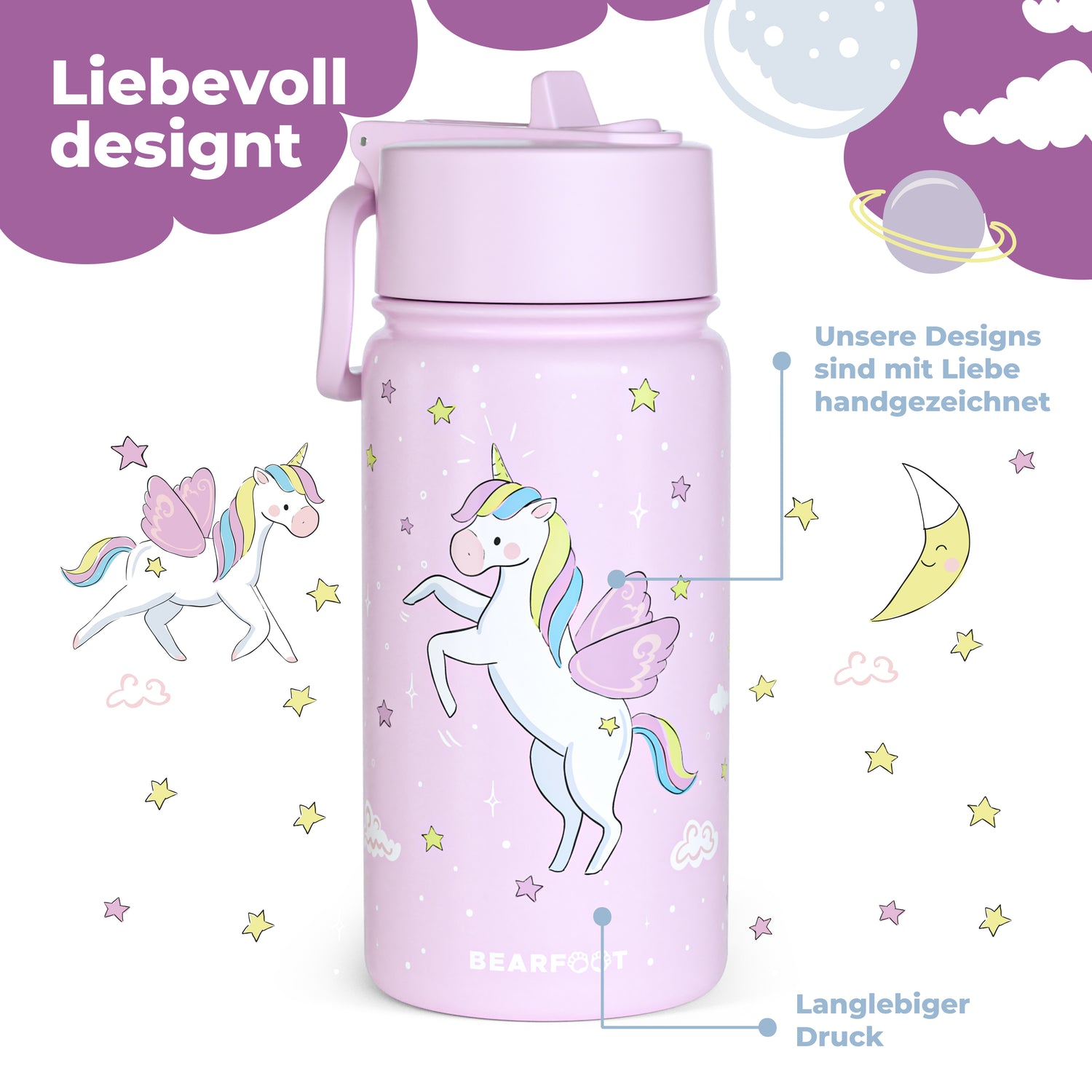 Paquete Unicornio: Bento Box M, botella para beber de 450 ml y botella aislante de 400 ml