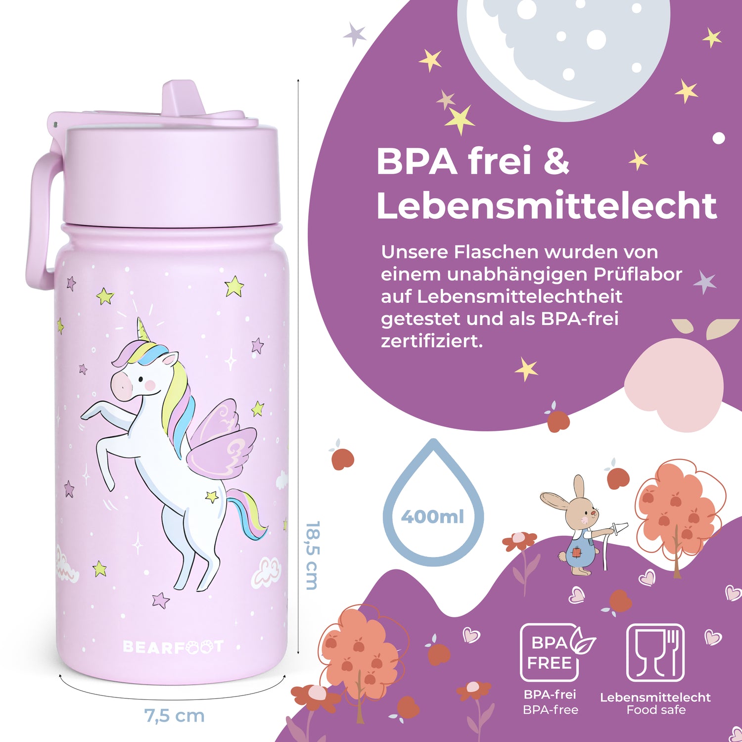 Paquete Unicornio: Bento Box M, botella para beber de 450 ml y botella aislante de 400 ml