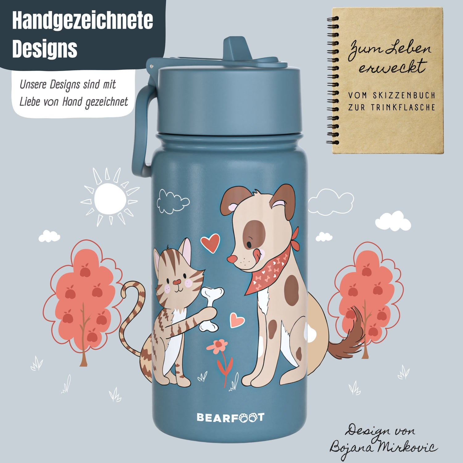 Botella térmica para niños de acero inoxidable - perro y gato azul